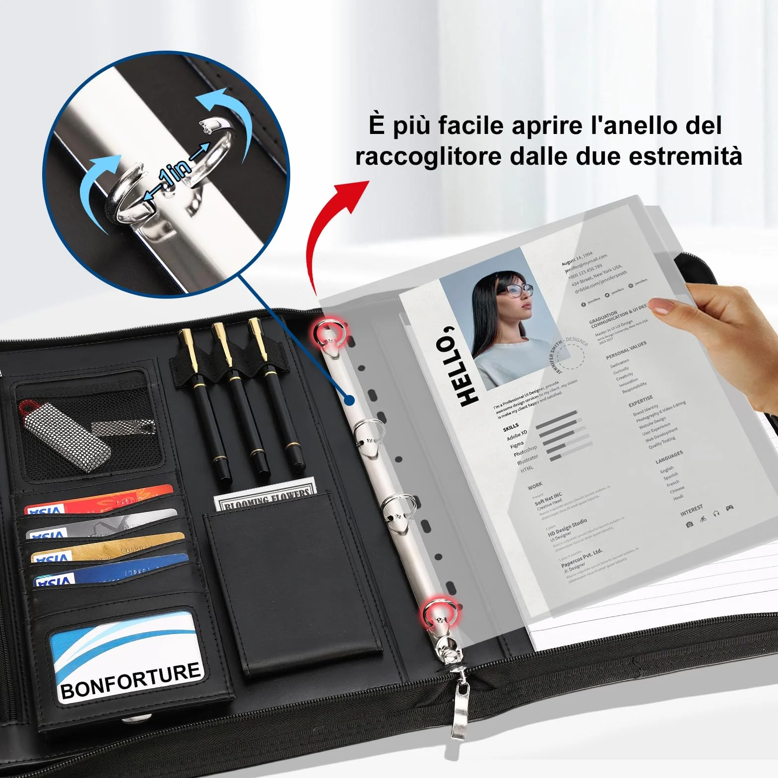Cartella Portadocumenti A4 con Buste Trasparenti, Raccoglitore ad Anelli 4 con Manico Magnetico e Cerniera in Pelle Vegana