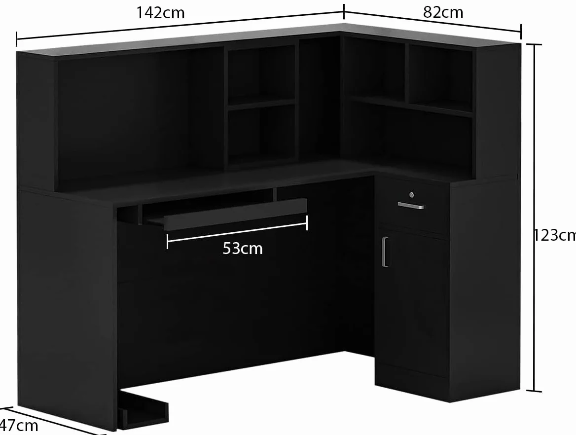 Banco reception, banco reception, tavolo da reception con vassoio per computer e ripiano rimovibile, banco reception con 1 cassetto e 1 armadio, banco reception, MDF, 140 x 80 x 120 cm