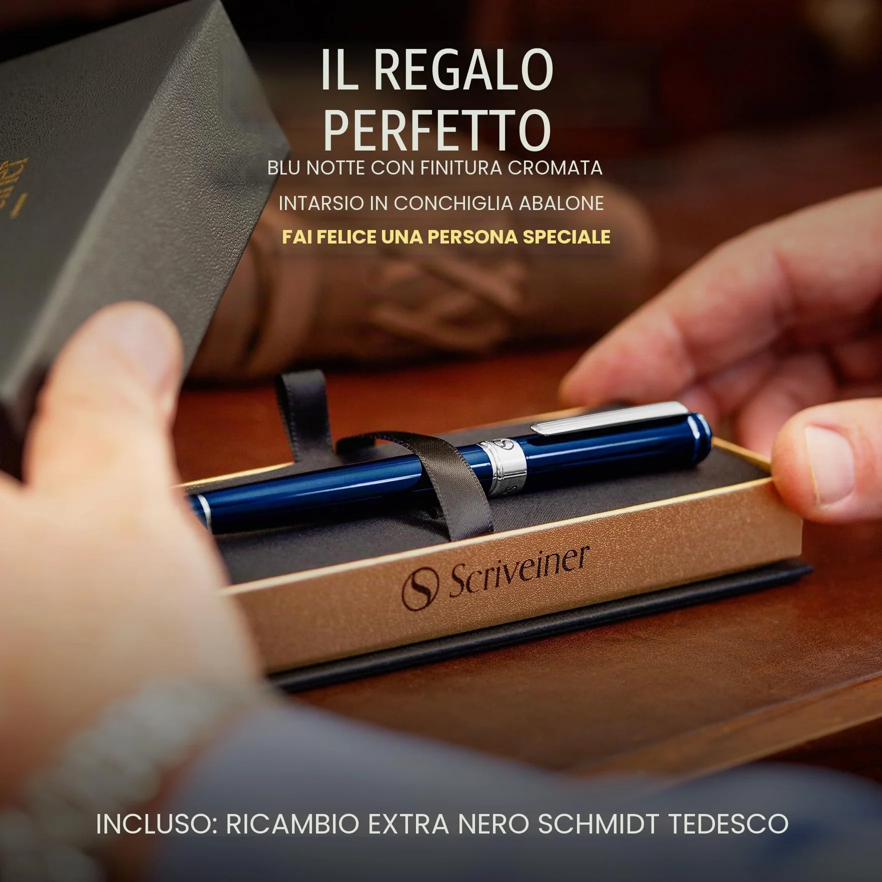 Scriveiner Midnight Blue Rollerball Pen, Laccata Blu Notte, Decori Cromati, Refill
