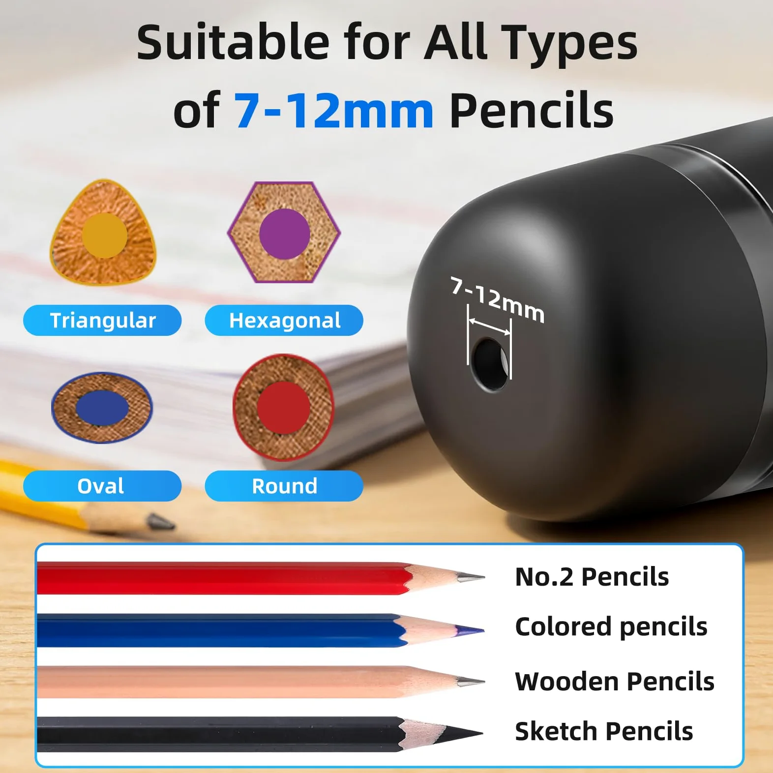 tenwin Temperamatite elettrico completamente automatico, ricaricabile e portatile, veloce da 7 – 12 mm matite e matite colorate, ideale per casa, ufficio e scuola (nero)