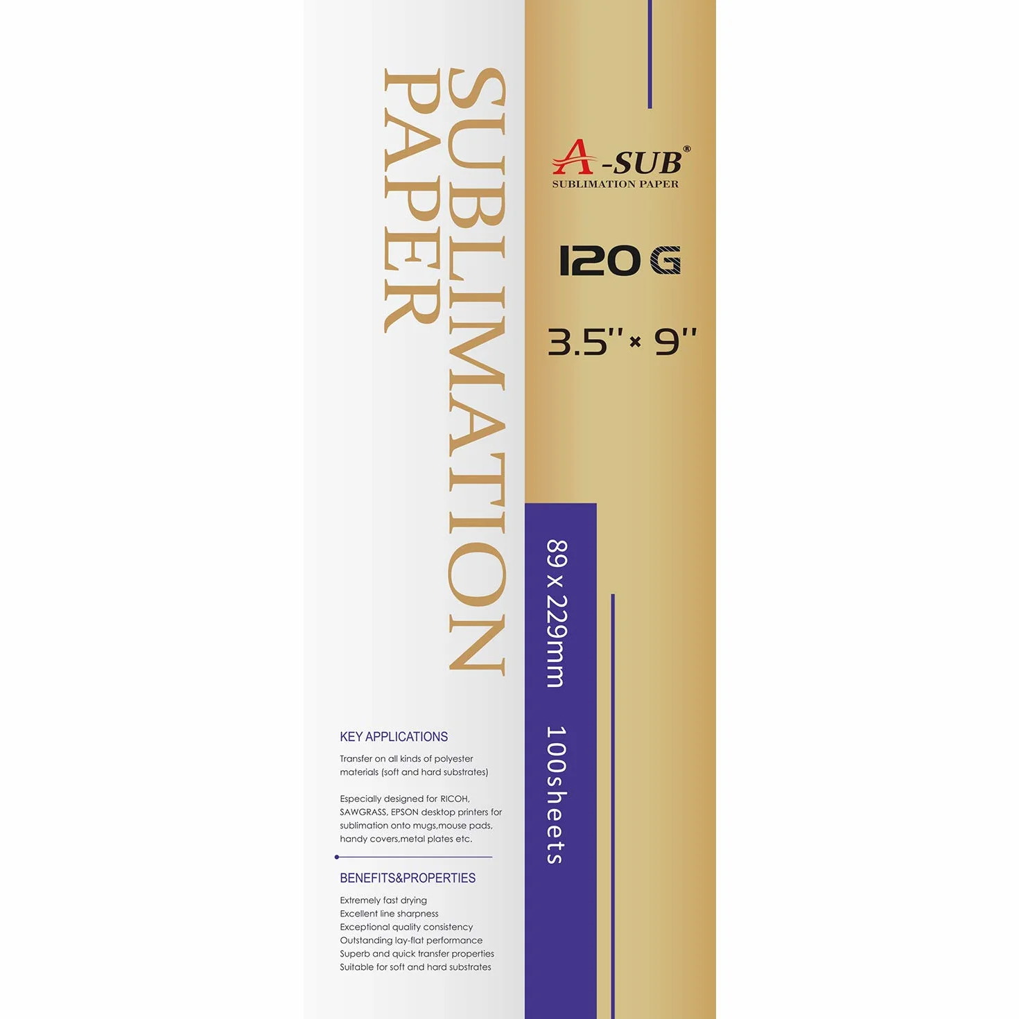 A-SUB Carta per sublimazione 89x229 mm 120 g/m² 100 fogli Compatibile stampanti EPSON SAWGRASS RICOH BROTHER