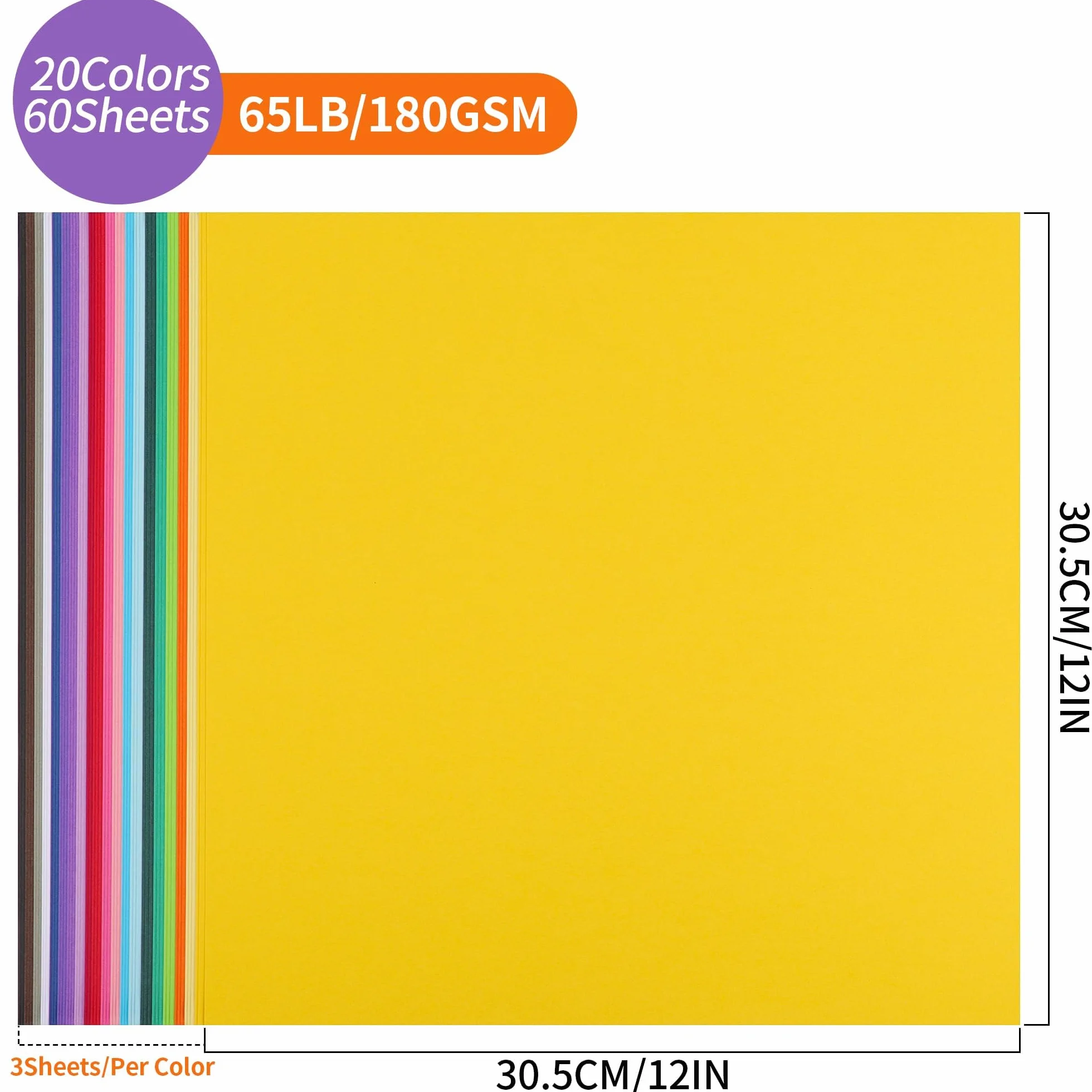 UAP10MX60 Cartoncino Colorato 12" x 12" 180gsm 65lb 60 Fogli 20 Colori 30,5×30,5cm