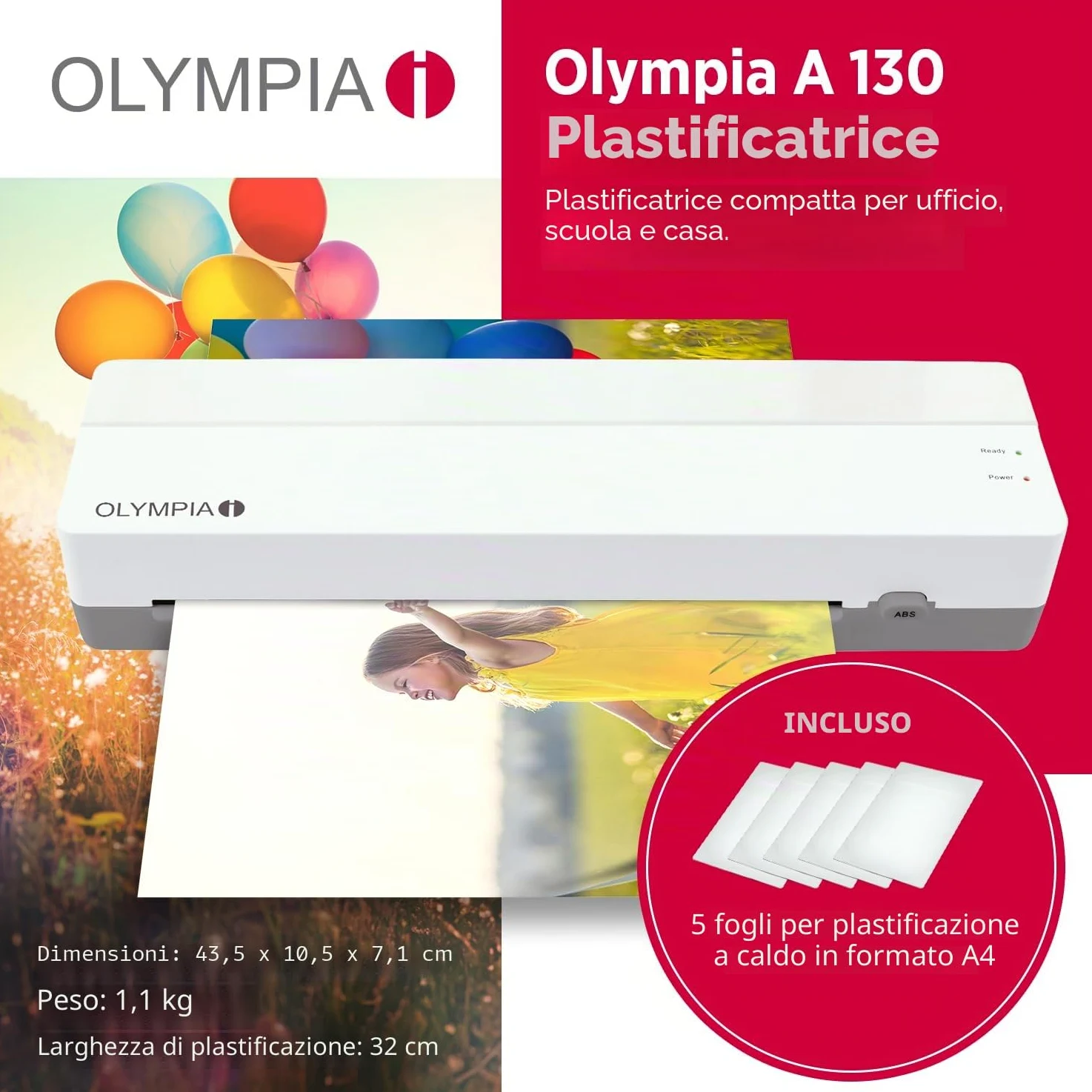 OLYMPIA A130 Plastificatrice A3 | Fogliatrice compatta per ufficio, scuola e casa | Laminazione a caldo fino a 320 mm | Per pellicole di laminazione da 80 – 125 micron | Plastificatrice A3 & A4 |