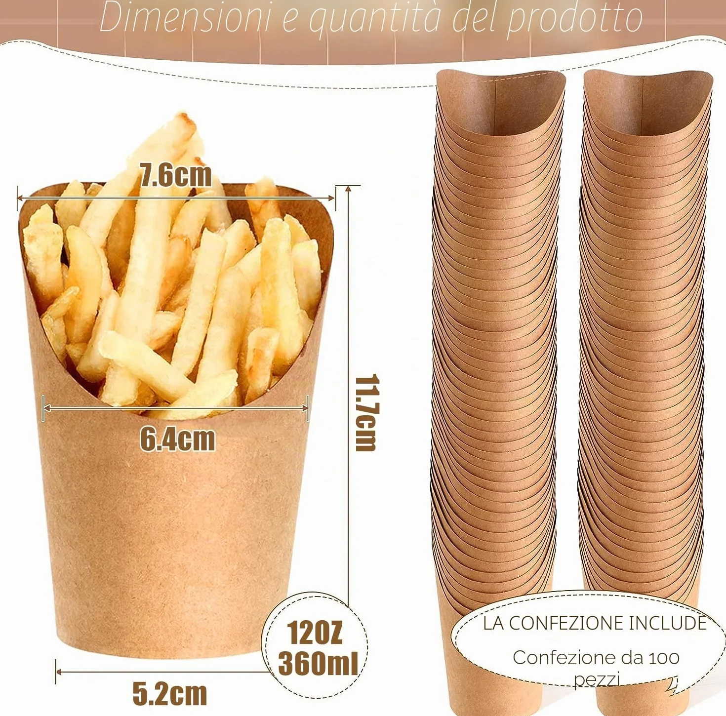 LATERN 100 Pezzi Porta Patatine Fritte Usa e Getta, 360ml Tazze in Carta Kraft per Patatine Fritte