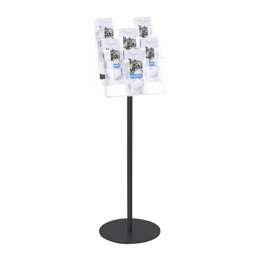 Danieli - Porta Depliant da Terra in Acrilico Trasparente 1/3 A4 con 12 tasche, per Riviste e Brochure. Porta Volantini Resistente da Utilizzare come Espositore per Ufficio, Negozi. (Alluminio Nero)