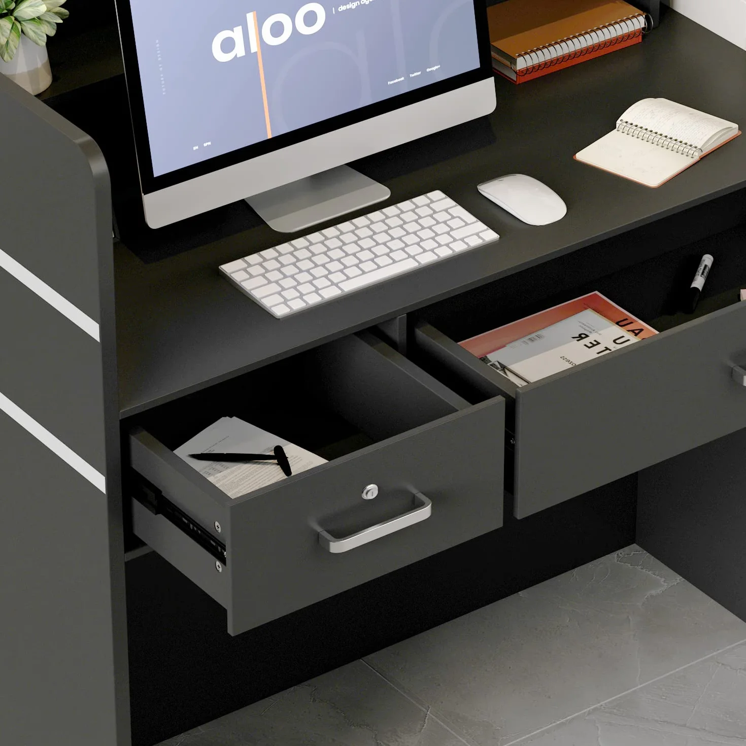Banco reception, Banco di Reception e Vendita - Mobili da Ufficio con 3 Cassetti, Nero - 110 x 120 x 48 cm