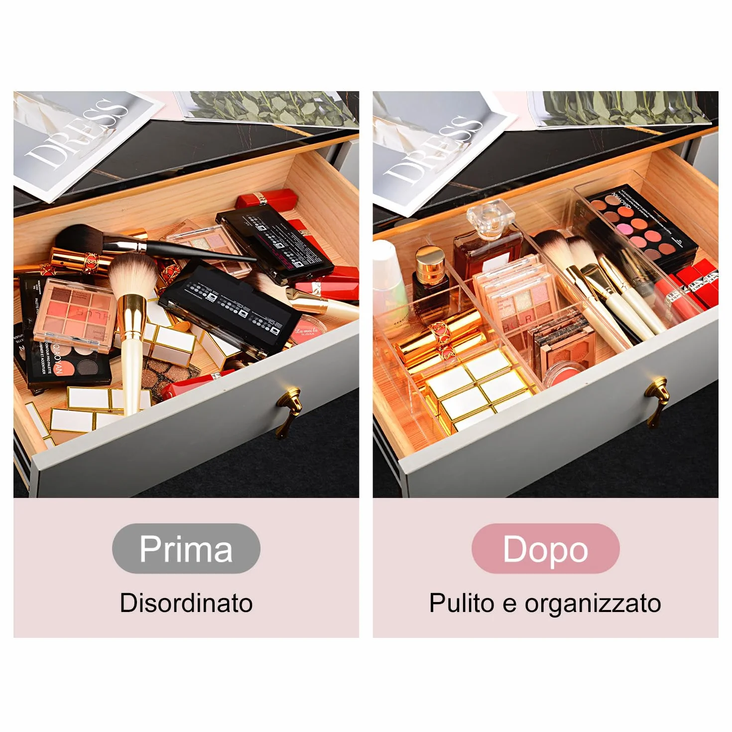 JessLab Set da 4 Organizer per Cassetto in Acrilico, Scatole Trasparenti per Trucco, Gioielli e Forniture da Ufficio, Impilabili per Vanità, Bagno, 2 a 1 Scomparto & 2 a 3 Scomparti