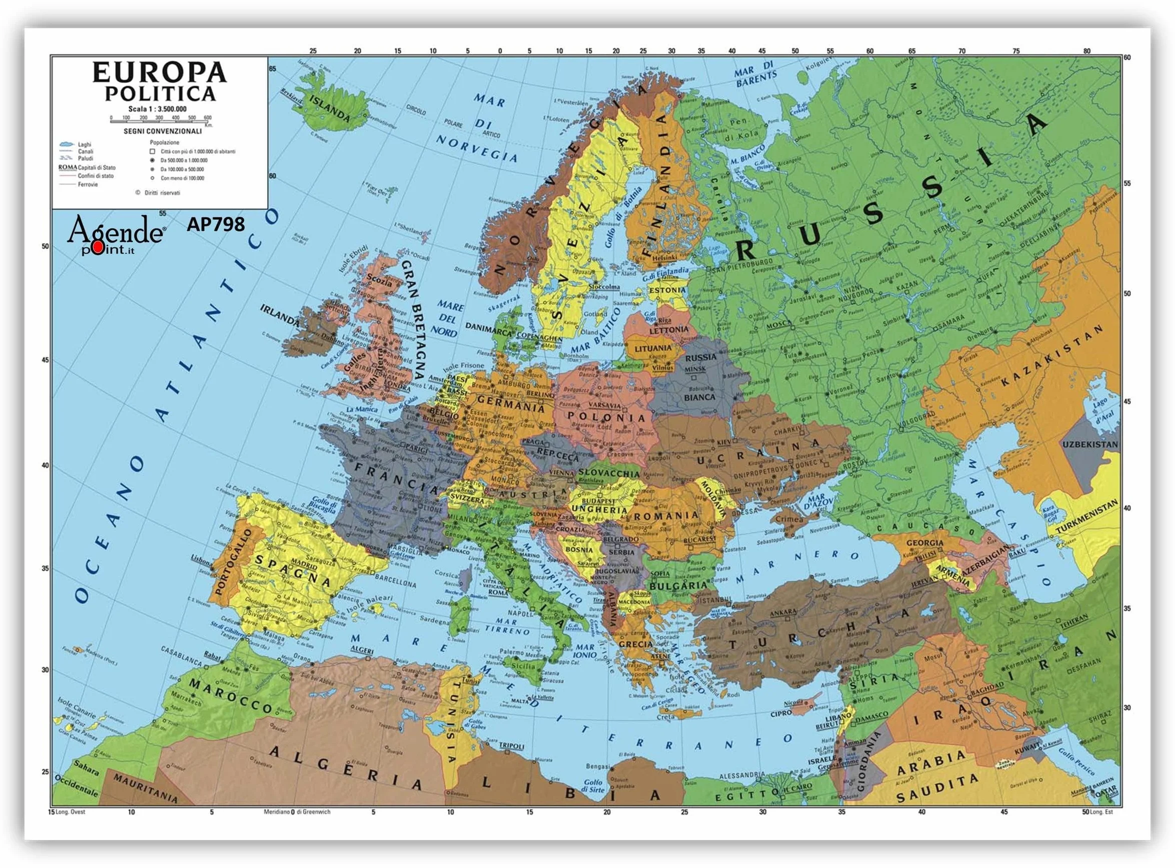 Cartina Europa Fisica e Politica A3 30x42 cm Plastificata Doppia Faccia Scala 1:74.000.000