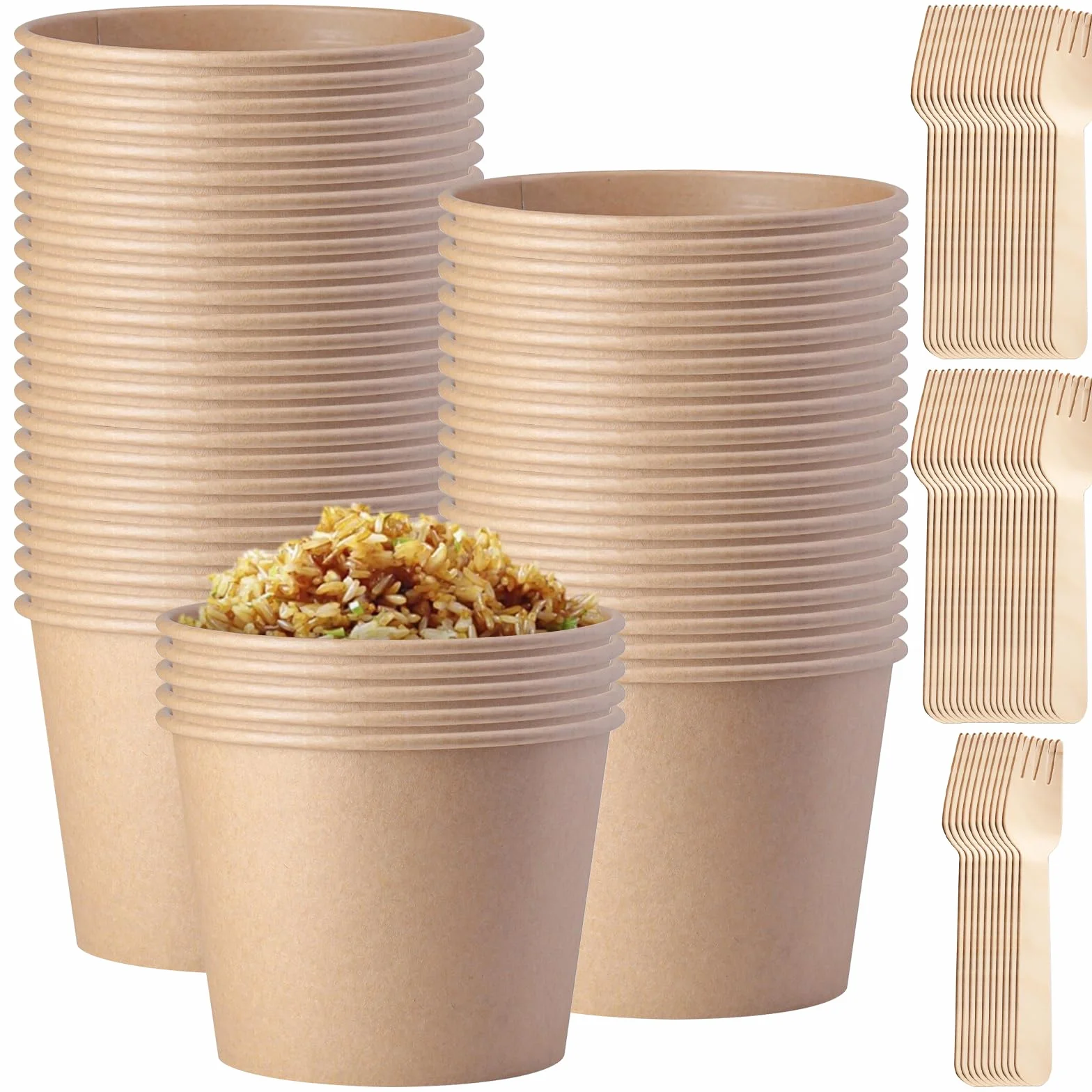 50 tazze da zuppa to go 240 ml carta kraft compostabili marroni rotonde con forchetta