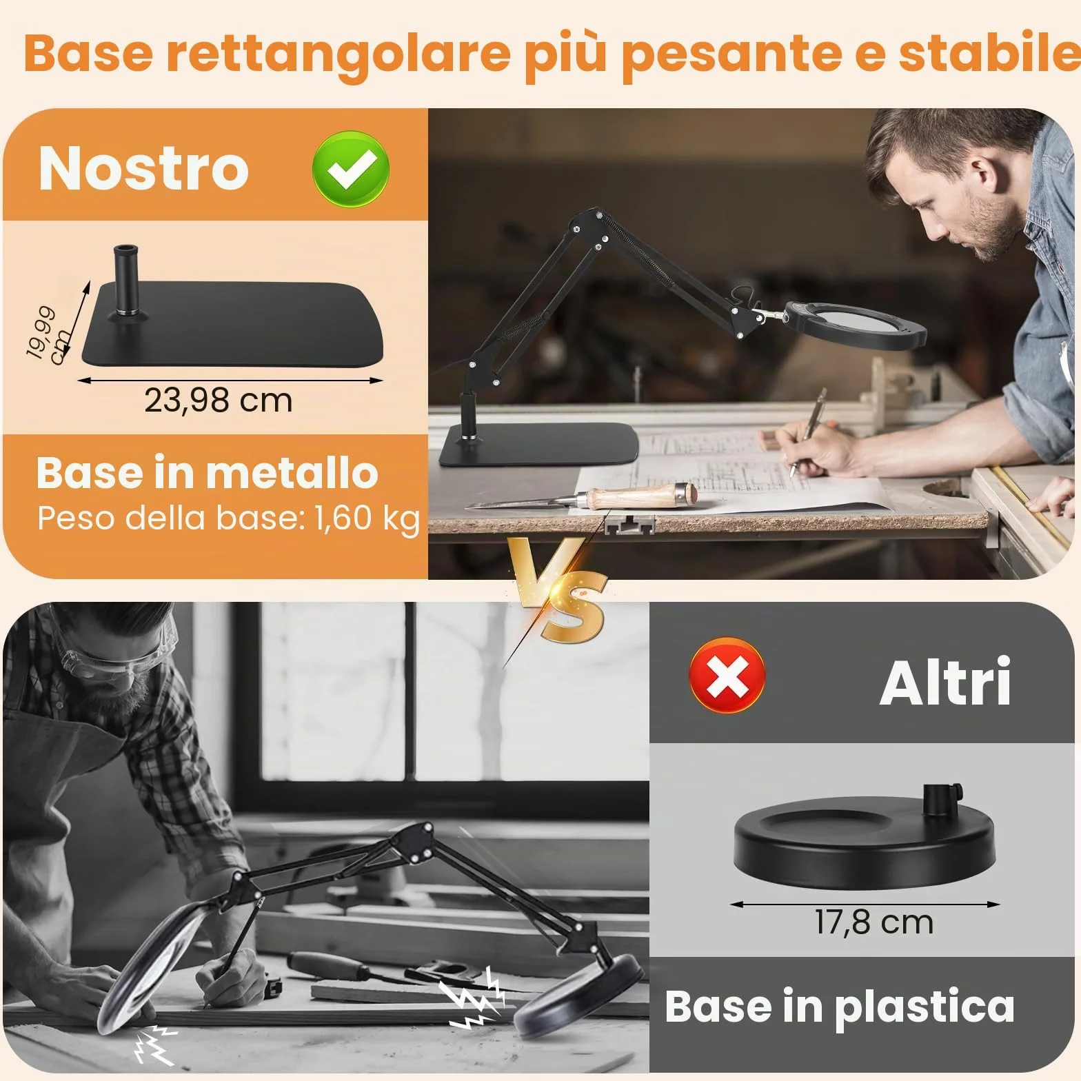 Lente d'ingrandimento con ingrandimento 15x, 5 temperature di colore e 10 livelli di luminosità, lente d'ingrandimento multifunzionale con bracci flessibili e testa Magnifying Glass