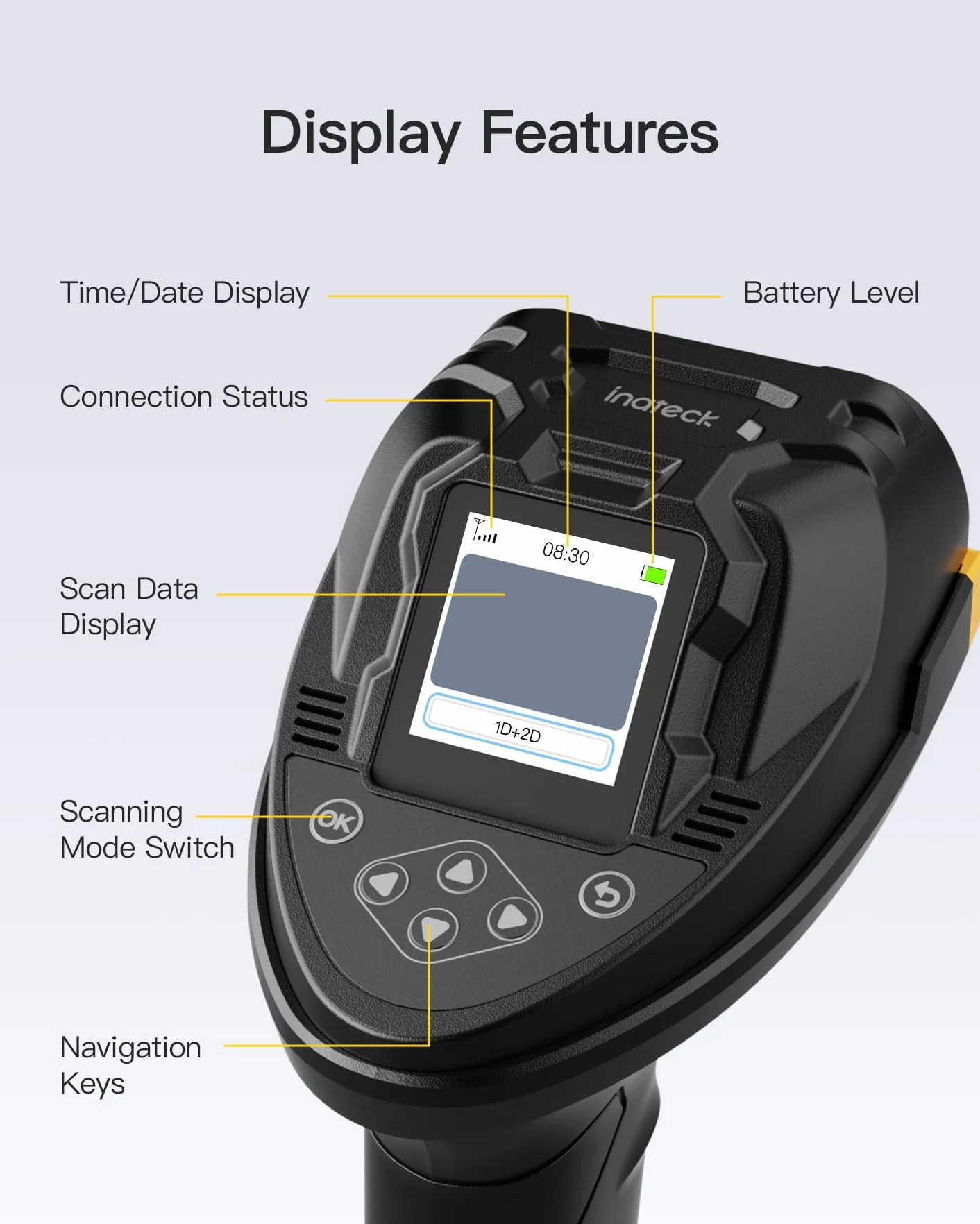 Inateck Scanner Codici a Barre Wireless 2D con Schermo, Doppio Sensore CMOS e CCD per Codici Lunghi e Sfocati, Lettore QR Bluetooth con Base di Ricarica, Tastiera per Impostazioni, Supporta App SDK