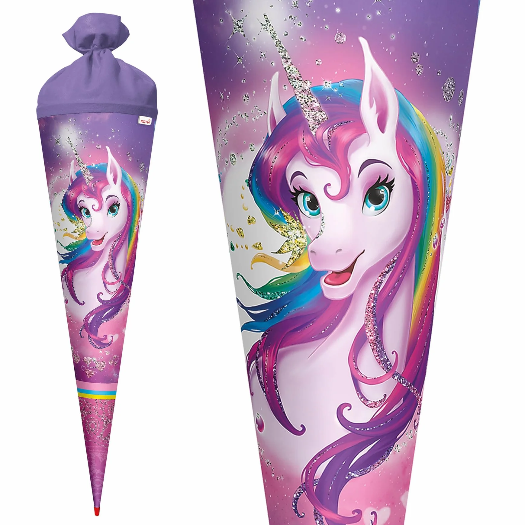 ROTH Sacchetto per la scuola, motivo unicorno, 70 cm, con effetto glitter, rotondo in pizzo rosso (h), chiusura in feltro, con unicorno, glitter