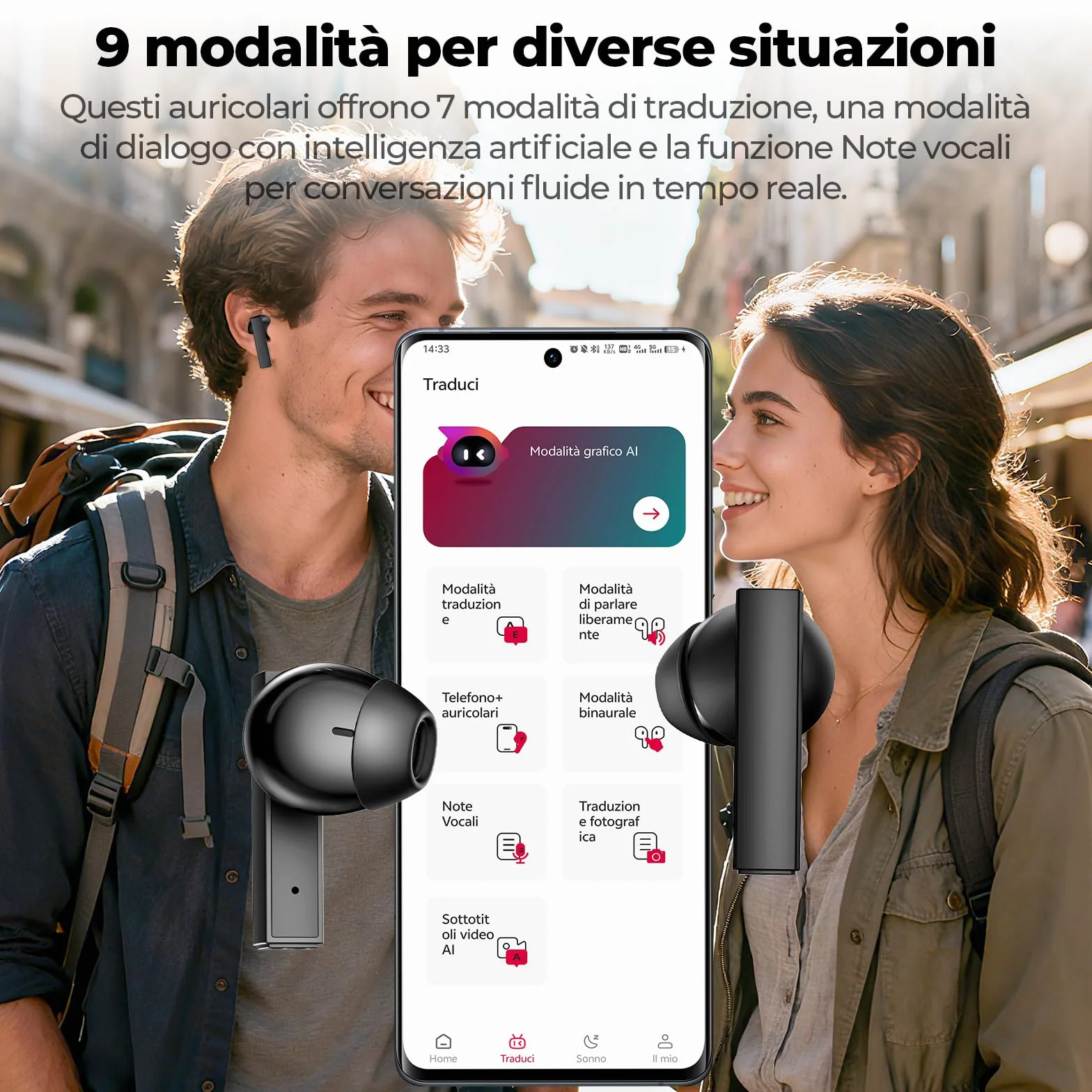 Ne40 AI cuffie traduzione simultanea, bluetooth 6.0 auricolari traduzione con 134 lingue/9 modalità - cuffie con traduttore con manopola girevole, 48 ore di autonomia per viaggi/affari/studio