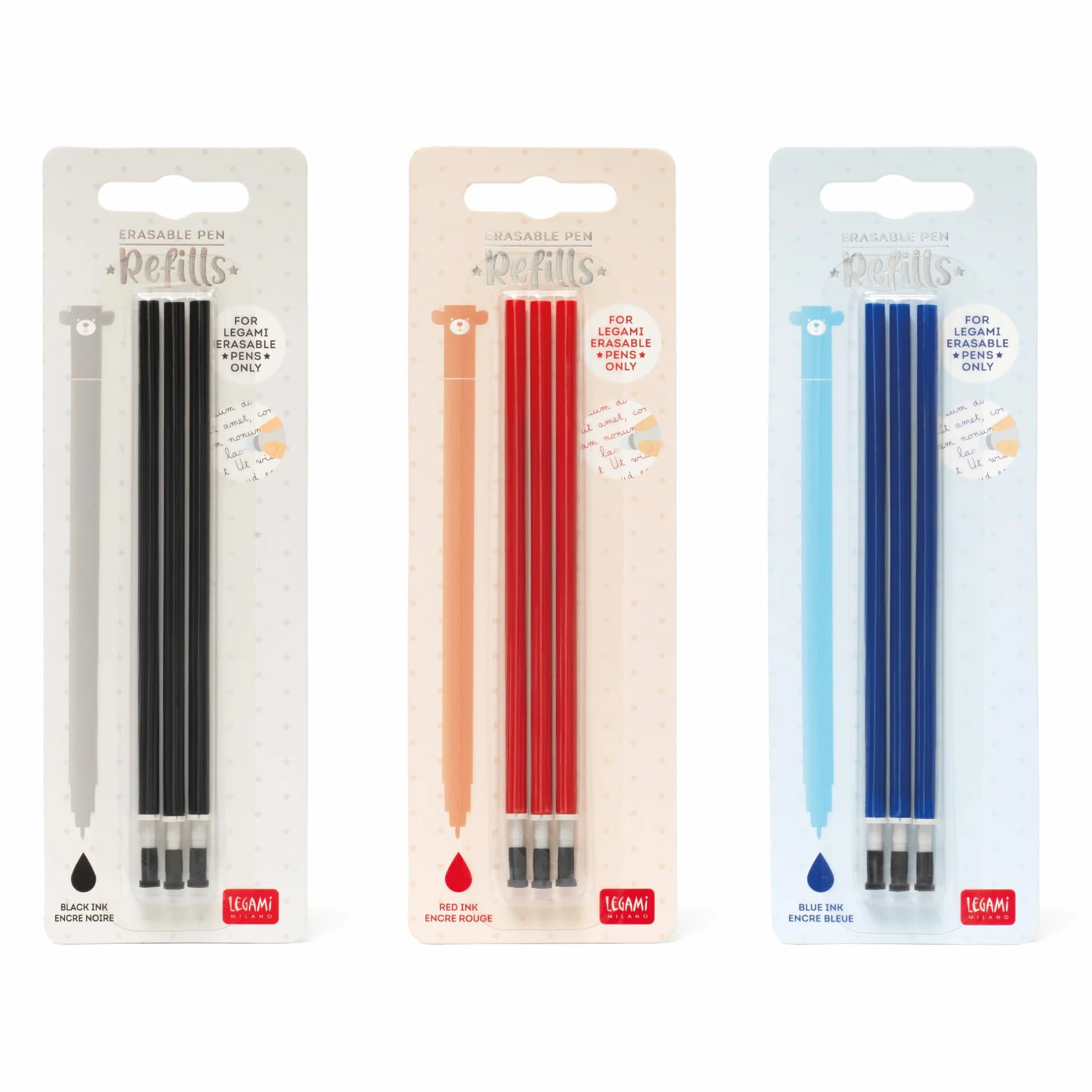Legami Set di 3 Refill per Penne Gel Cancellabili, Nero Rosso Blu, Diametro 0,4 cm, Altezza 13 cm
