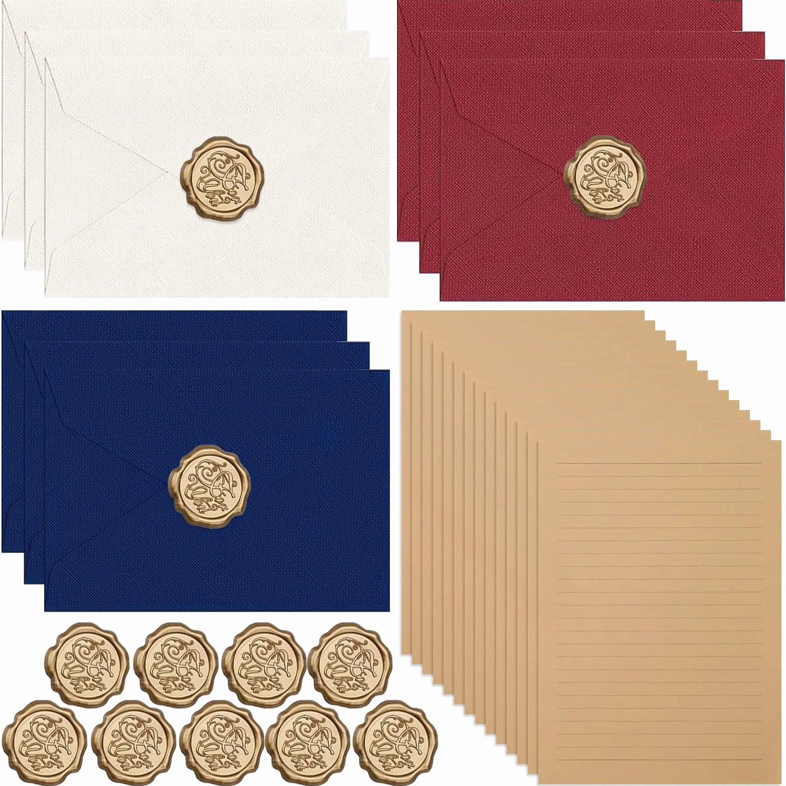 Set di Carta da Lettere Vintage 38 Pezzi, Buste in Lino con Sigillo di Cera, A5 Kraft per Inviti Nozze