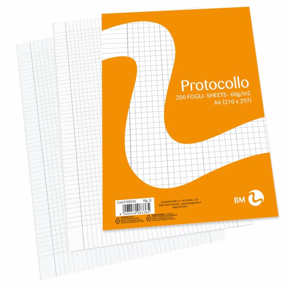 BM BeMore Carta Protocollo A4 Rigatura Q Quadretti 5mm 60 g/mq 200 Fogli