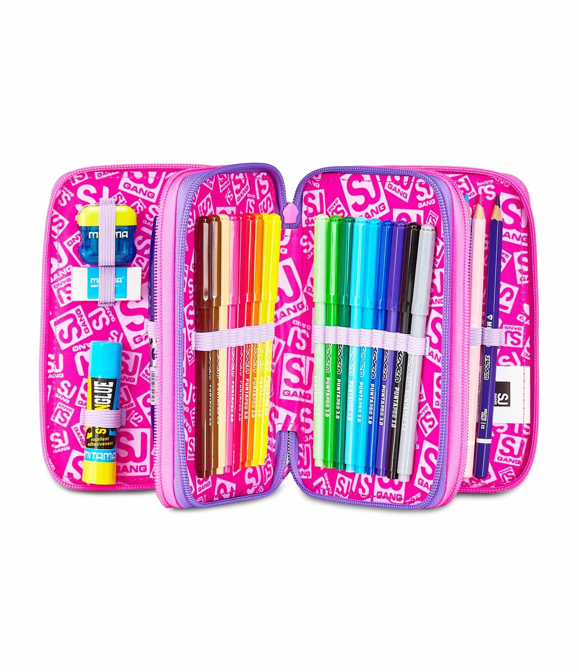 SJ GANG STYLE JAM GANG Astuccio Scuola 3 Zip, Fucsia, Portapenne Triplo Scomparto Completo Di Penne, Matite, Colori, Accessori Zaino, Scuola Elementare, Bambina