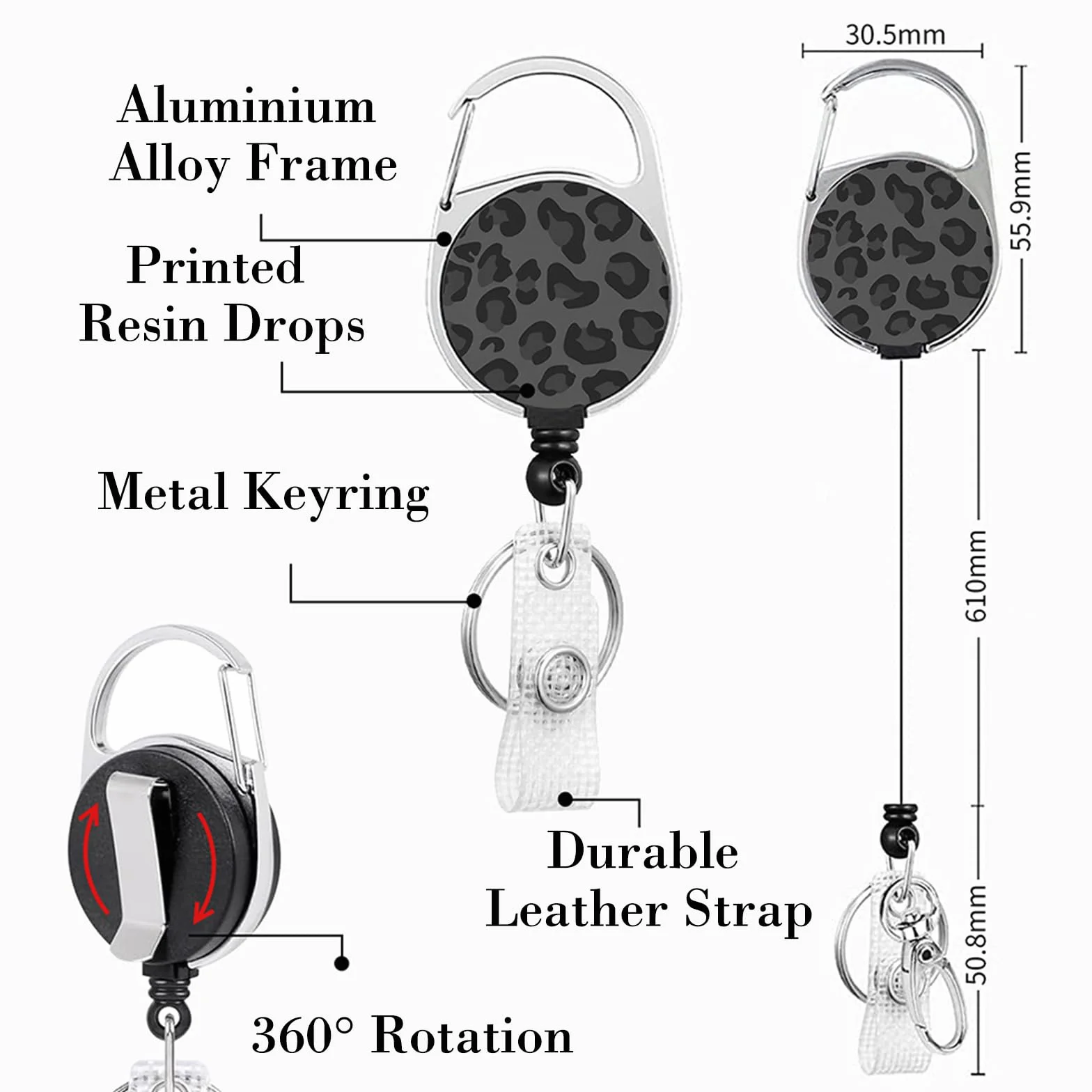 Porta Badge Retrattile Leopardato con Clip e Cordino Staccabile, Badge Holder per Impiegati, Medici, Infermieri, Insegnanti, Grigio