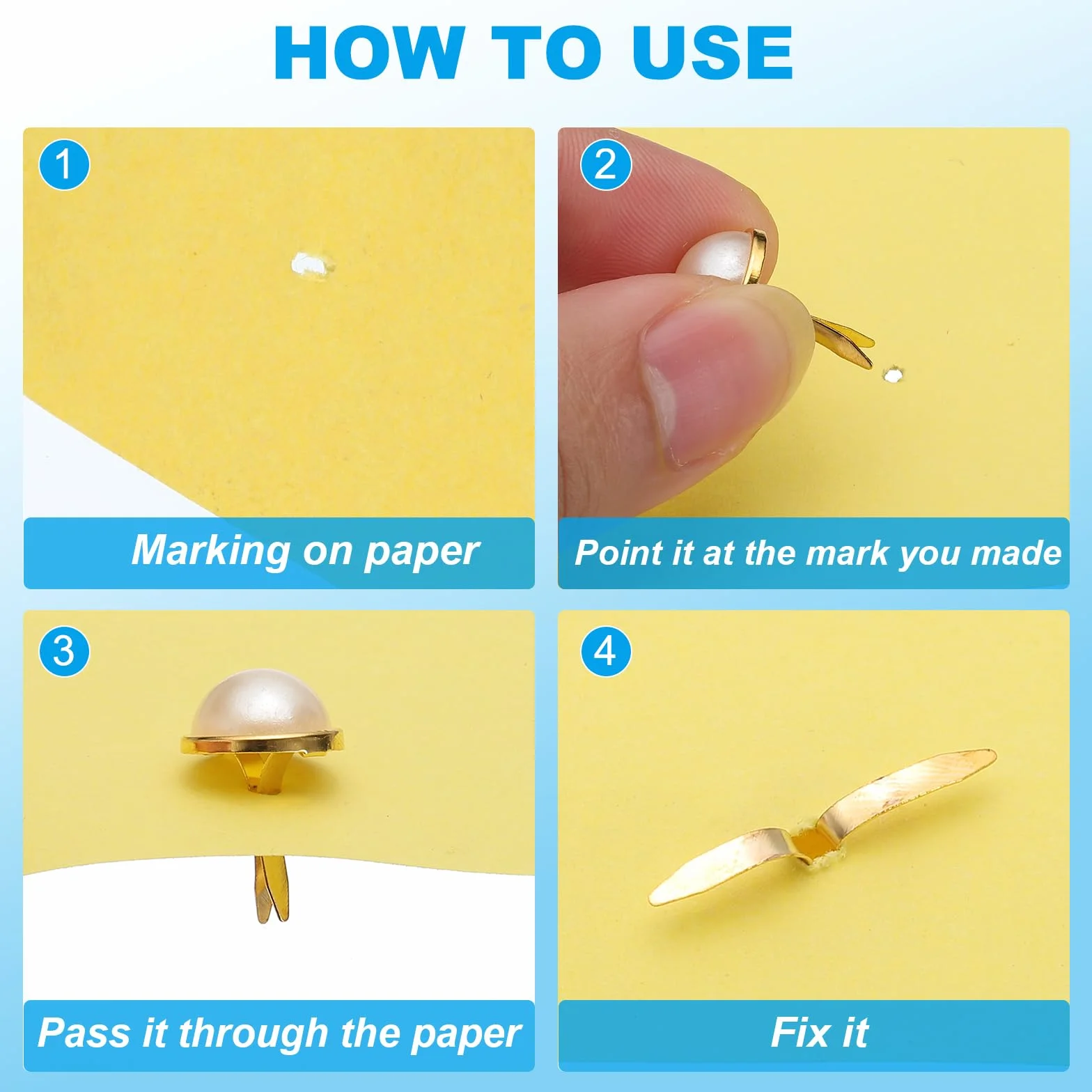 PATIKIL Fermagli per Carta Brads 100Pz Mini Metallo con Perle Pastello Testa Tonda Oro 0,7"x0,5"