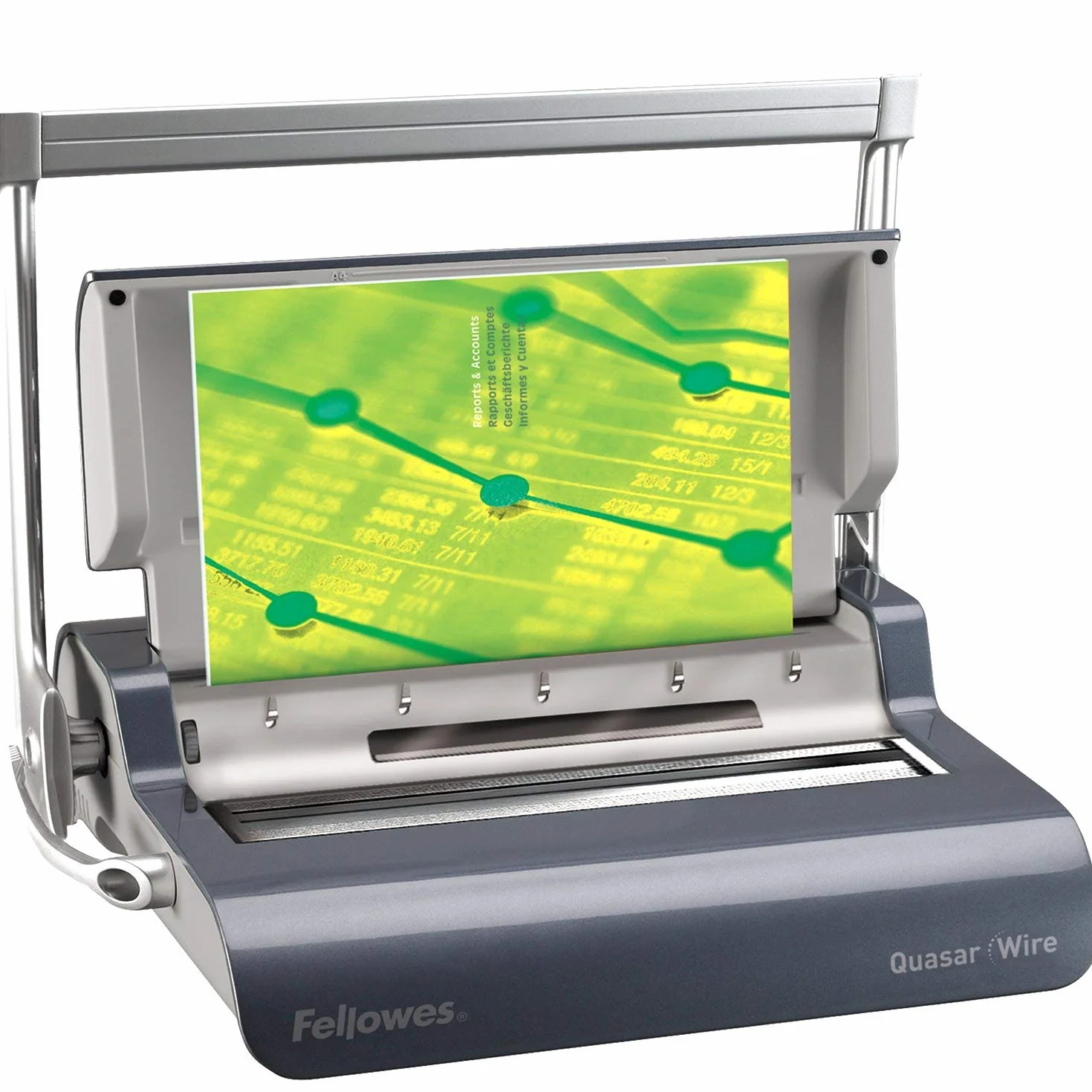 Fellowes Rilegatrice Spirale a Dorsi Metallici Quasar Wire, Rilegatrice a Pettine Manuale, 34 Fori, Rilegatura fino a 130 fogli, Perforazione 15 fogli, con Misuratore dei Dorsi e Guida Margine