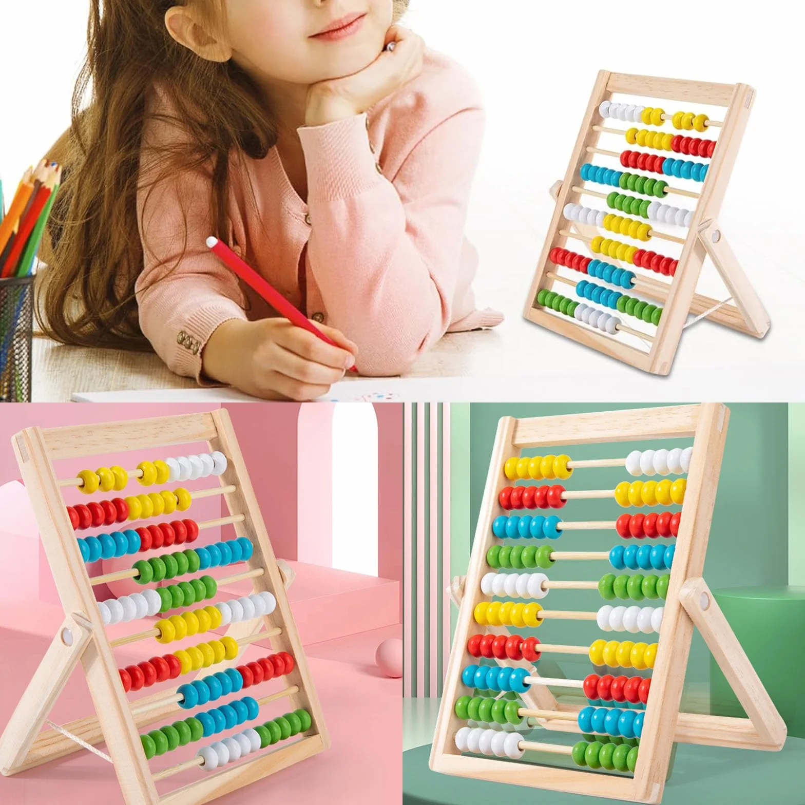 Pallottoliere per Bambini Legno con 100 Perline Multicolori, Abaco Scuola Primaria, Pallottoliere per Bambini, Abaco Legno Calcolatrice, Pallottolieri di Legno, Abaco di Montessori