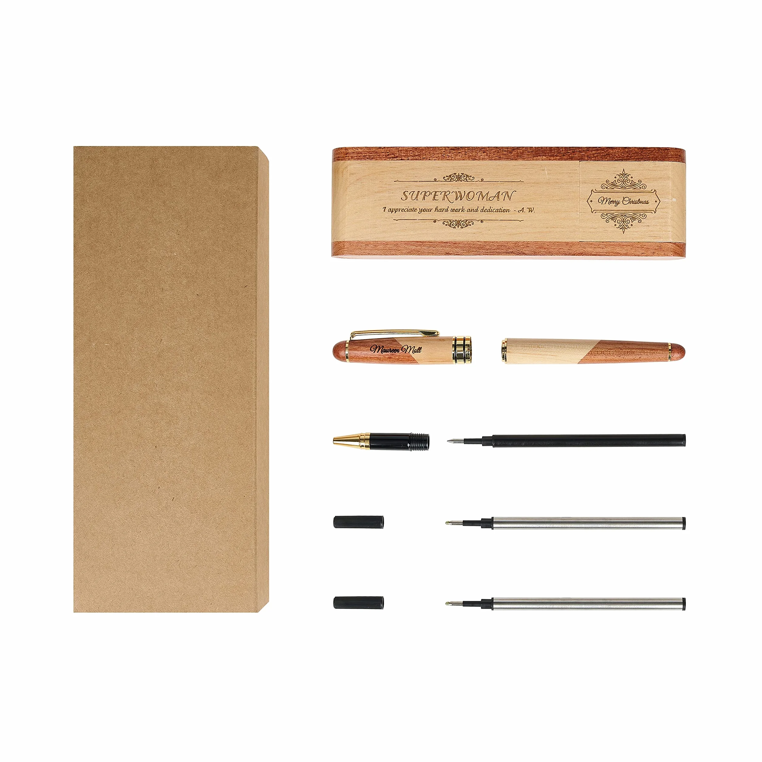 Set di penne in legno incise, penna esecutiva e scatola con personalizzazione gratuita, penna a sfera con custodia per regalo (B)