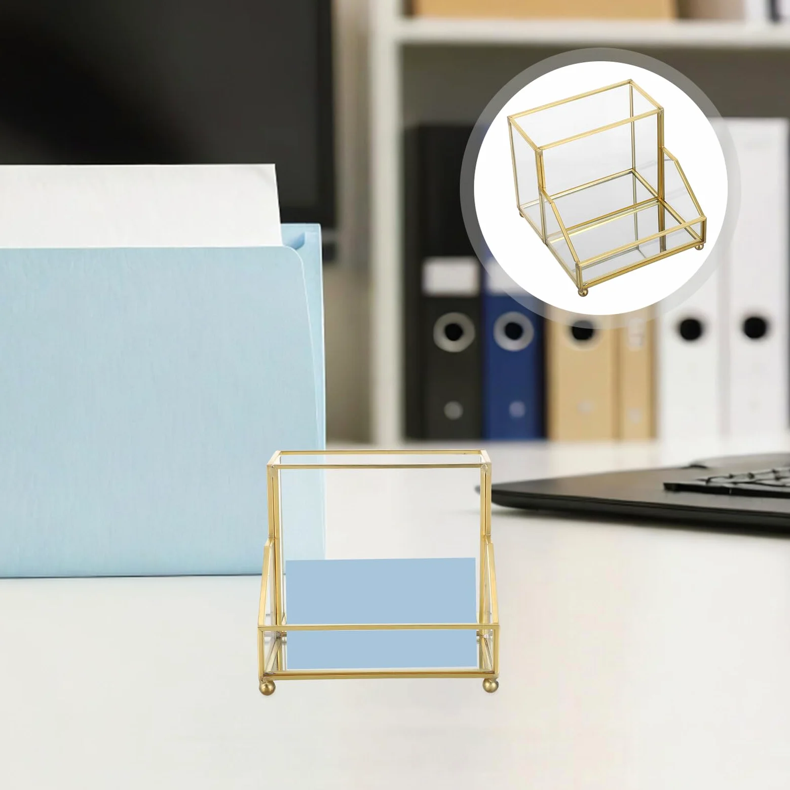 Scatola Porta Biglietti da Visita con Bordo Oro, Organizer Elegante | Vetro e Ferro, Formato Verticale da Tavolo, per Ufficio e Riunioni, Scambio Rapido delle Carte