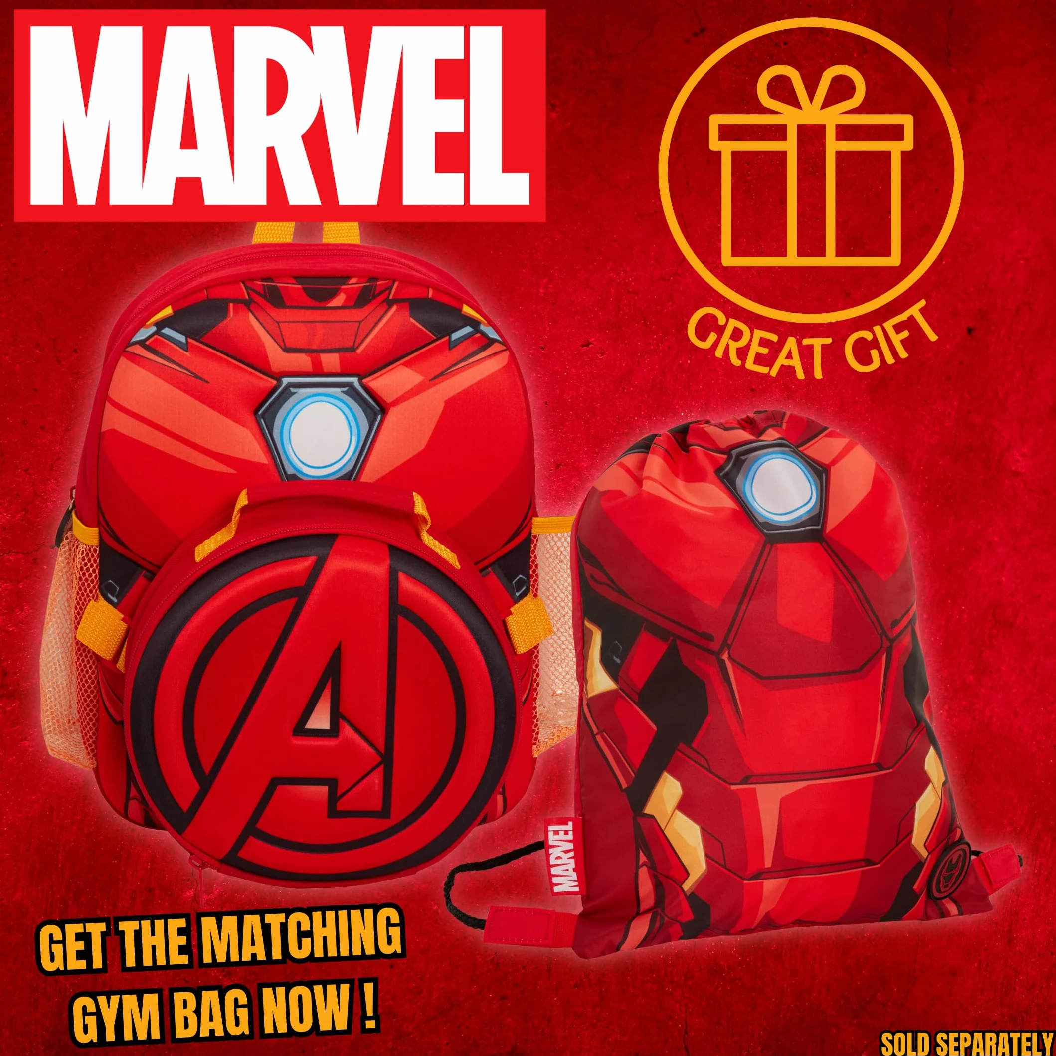 Marvel Zaino per bambini Iron Man Avengers Borsa per il pranzo staccabile Portabottiglie per acqua Set da 2 pezzi