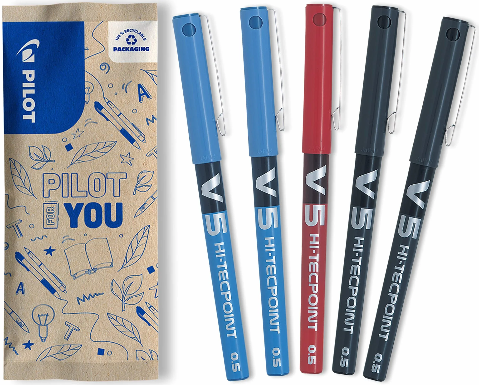 PILOT Set di 5 V5 Penna roller Inchiostro liquido a punta Fine 0,5mm - 2 Nero, 2 Blu, Rosso