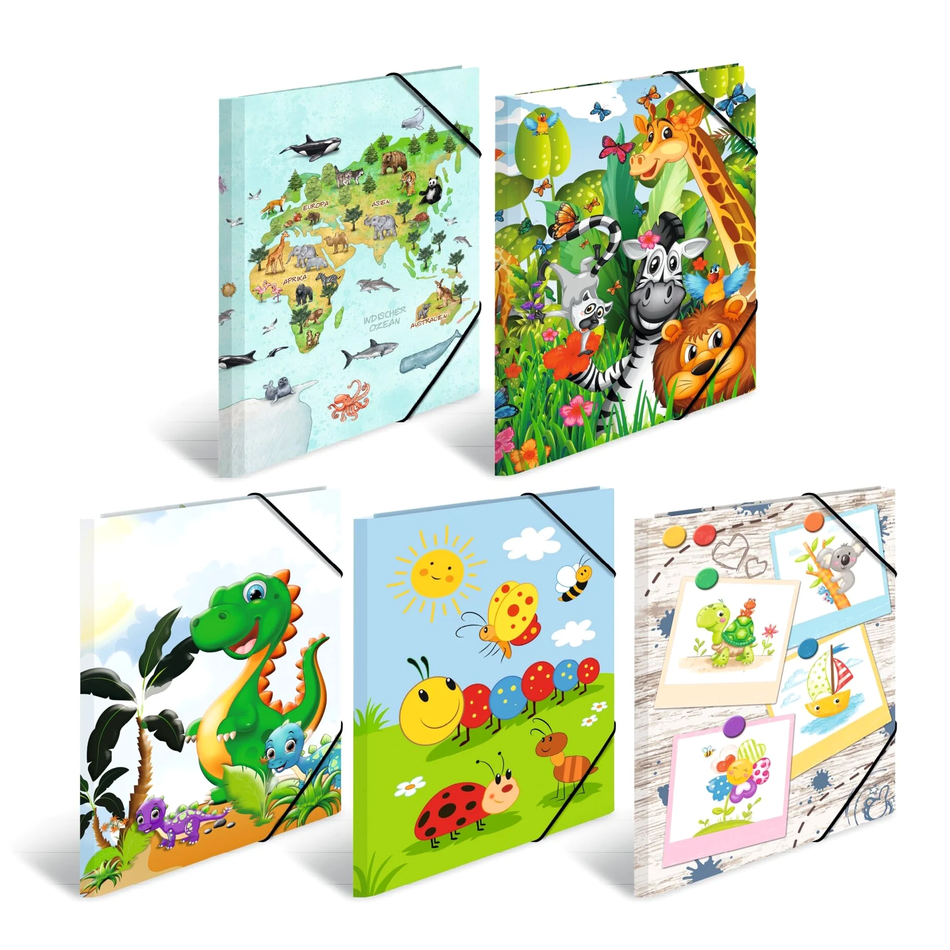 HERMA Set di 10 cartelline portadocumenti A3 per asilo, in cartone con motivo animale, elastico, alette interne e stampa interna per ragazzi, ragazze e bambini