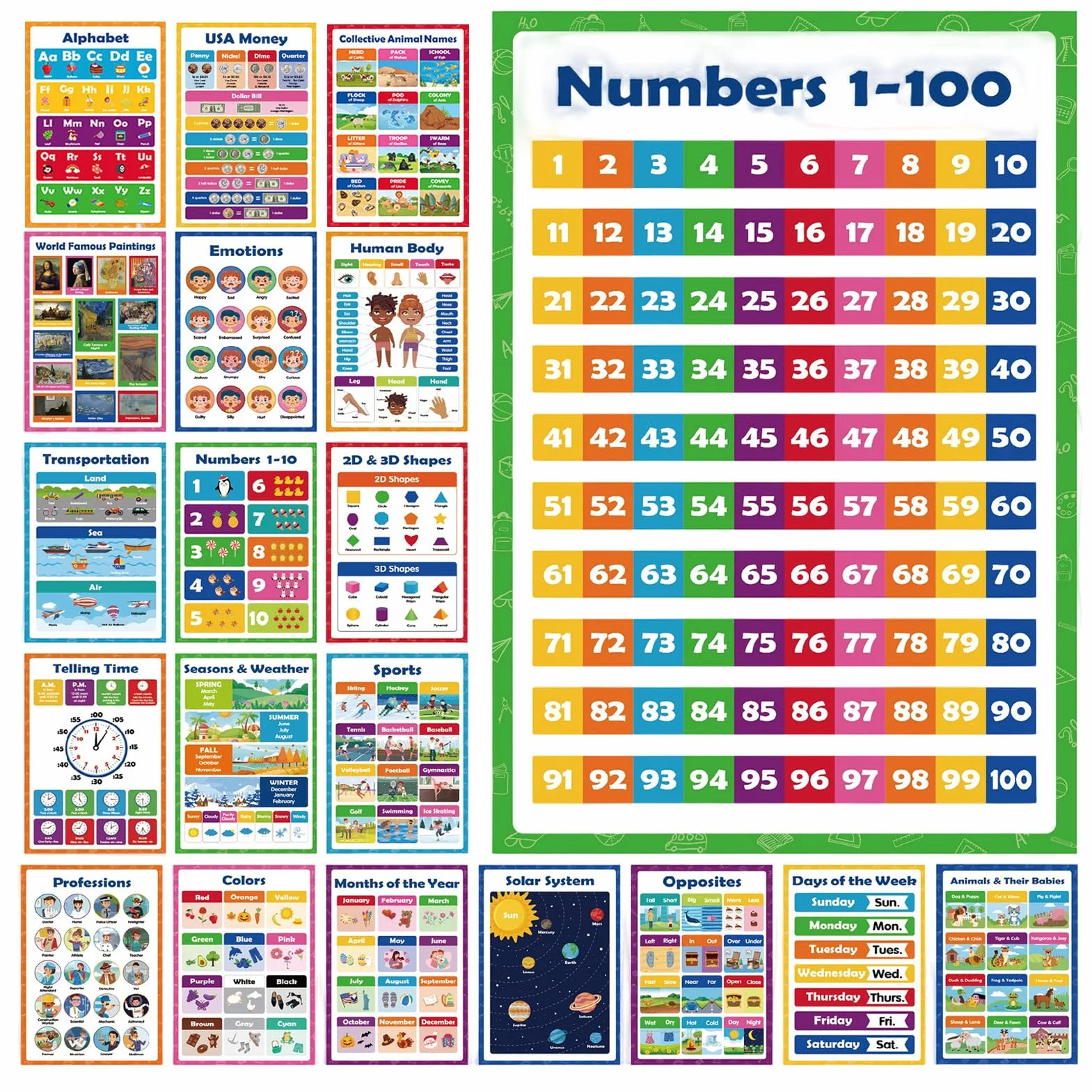 Poster educativi 20 fogli apprendimento interattivi riutilizzabili 42x28cm carta colori vivaci aula scuola materna