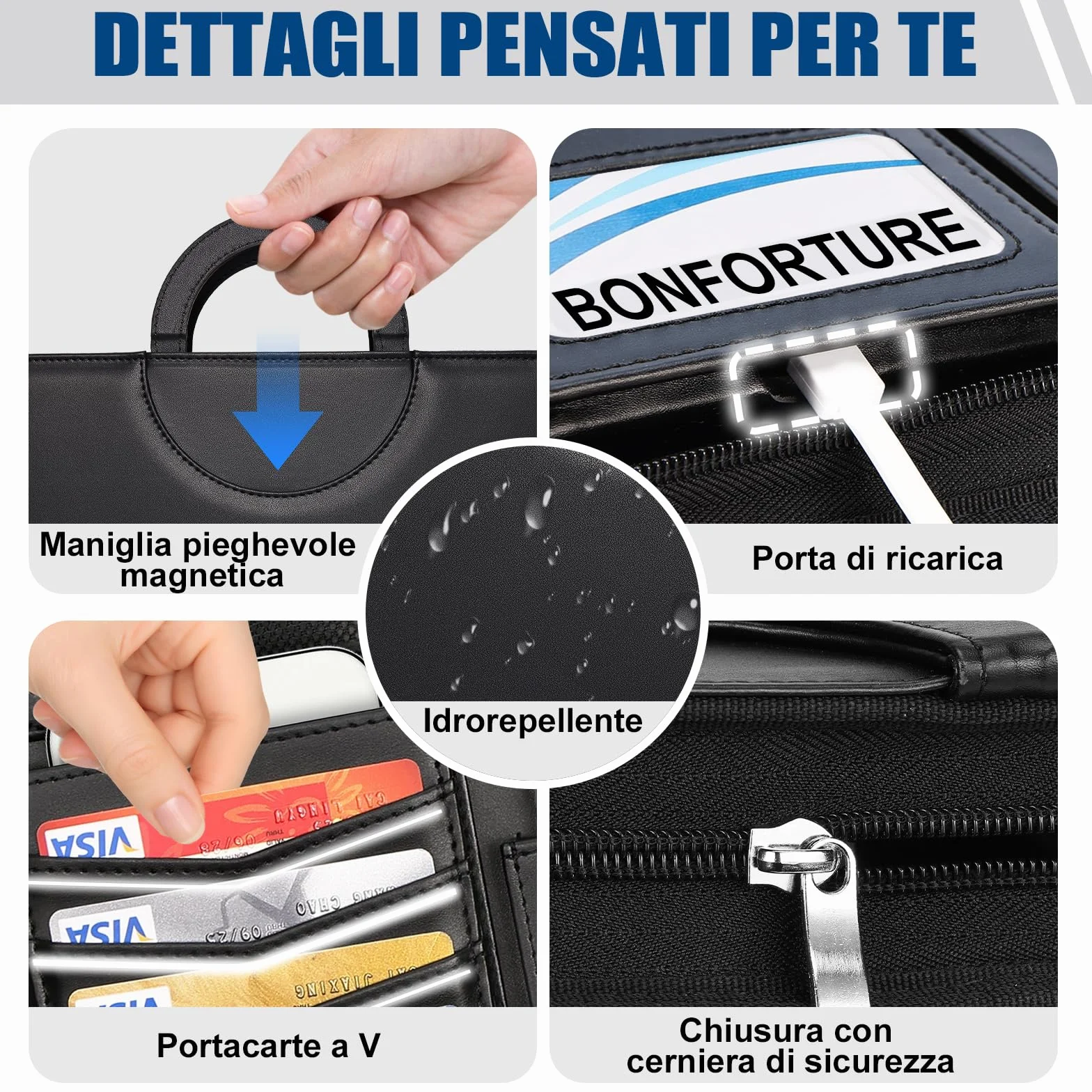 Cartella Portadocumenti A4 con Buste Trasparenti, Raccoglitore ad Anelli 4 con Manico Magnetico e Cerniera in Pelle Vegana