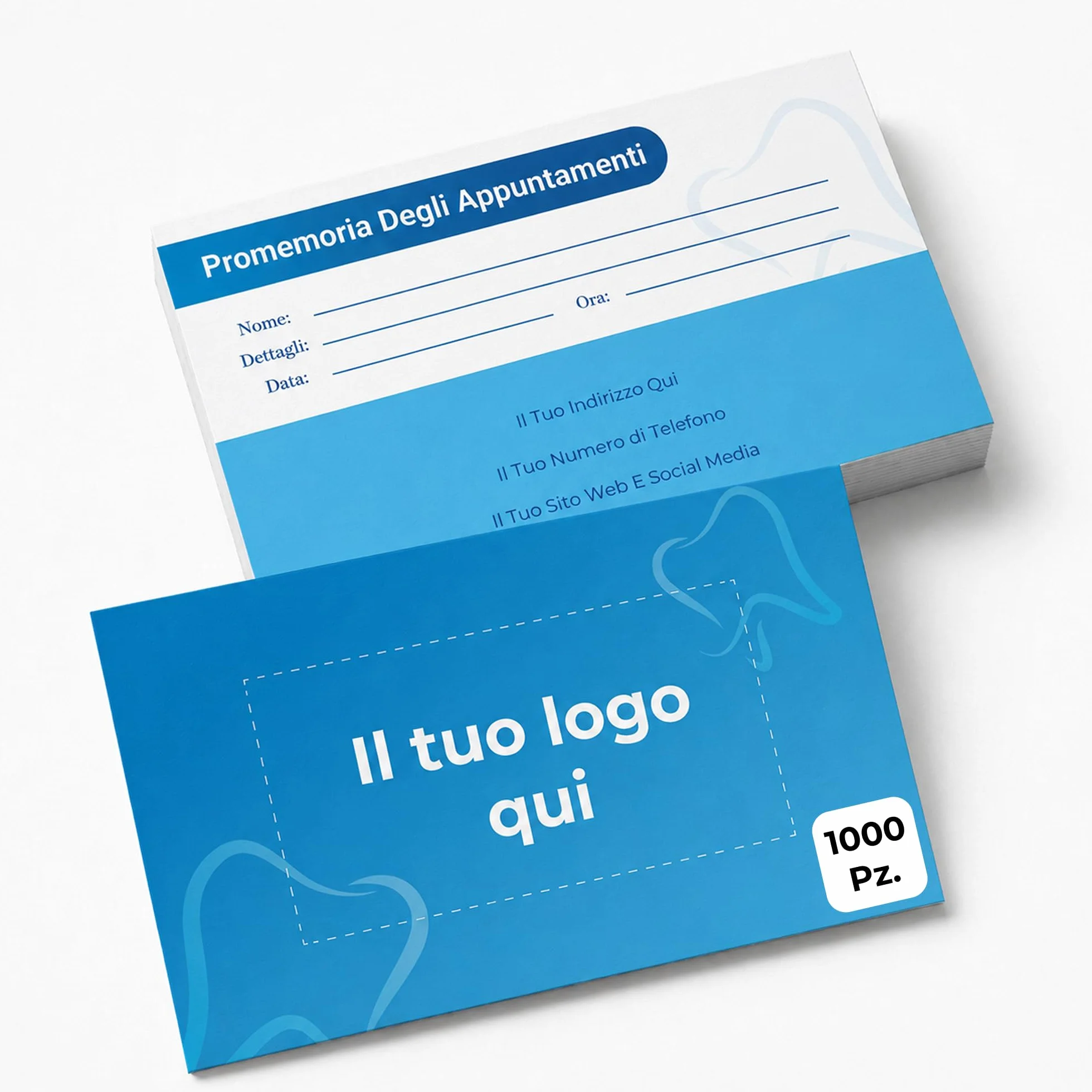 Cartoline appuntamenti personalizzate per studi dentistici con logo e grafica, 1000 pezzi, 324 g/m², 85 x 55 mm, stampa fronte-retro, promemoria per attività e negozi locali