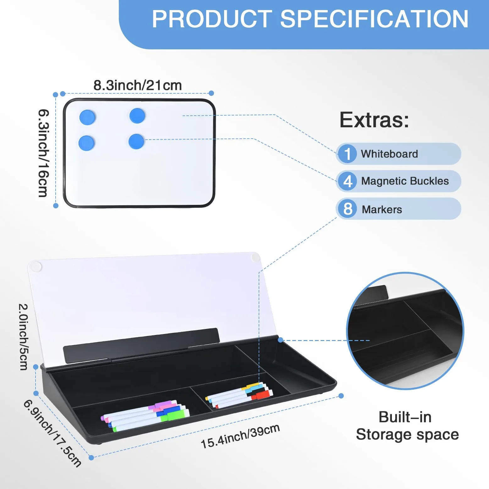 Hivexagon Lavagna bianca da scrivania con 4 scomparti, scomparto per telefono/tablet, lavagna magnetica e accessori