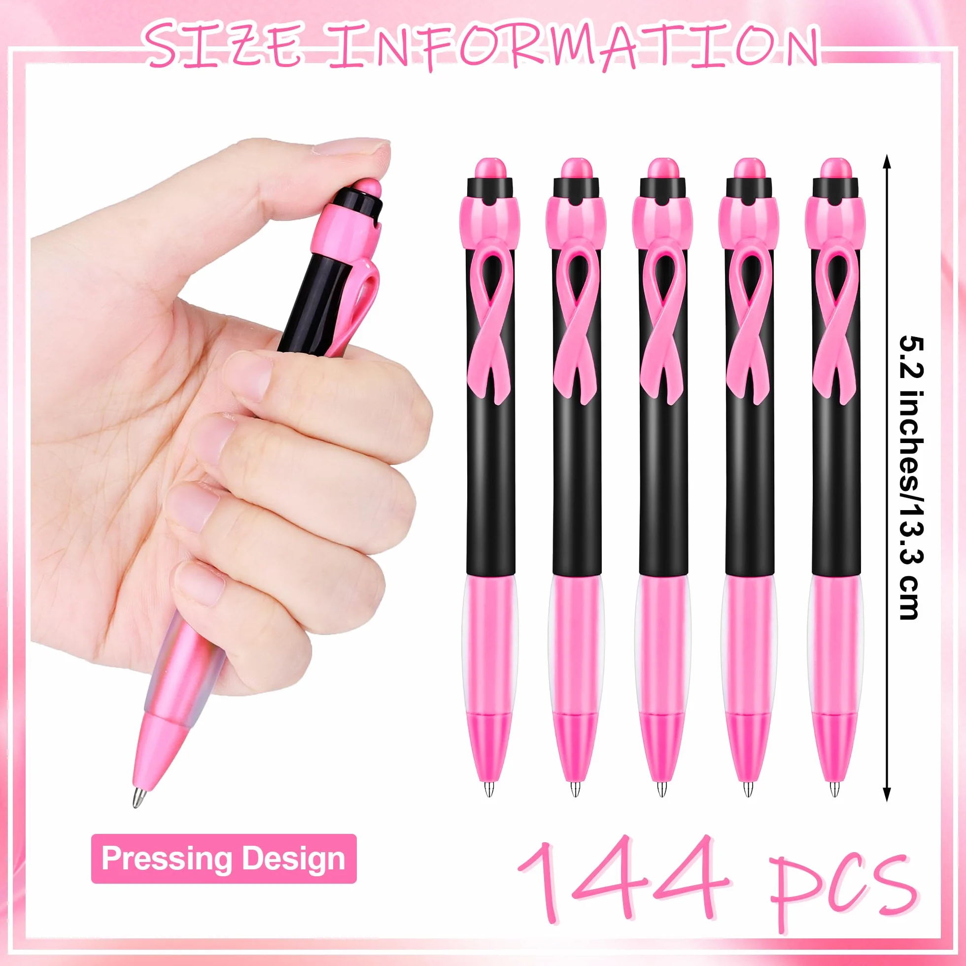 Aodaer 144 penne a sfera per sensibilizzazione contro il cancro al seno, con nastro rosa, penna gel retrattile con impugnatura morbida, inchiostro nero, penna rosa e nera, per sensibilizzazione sul