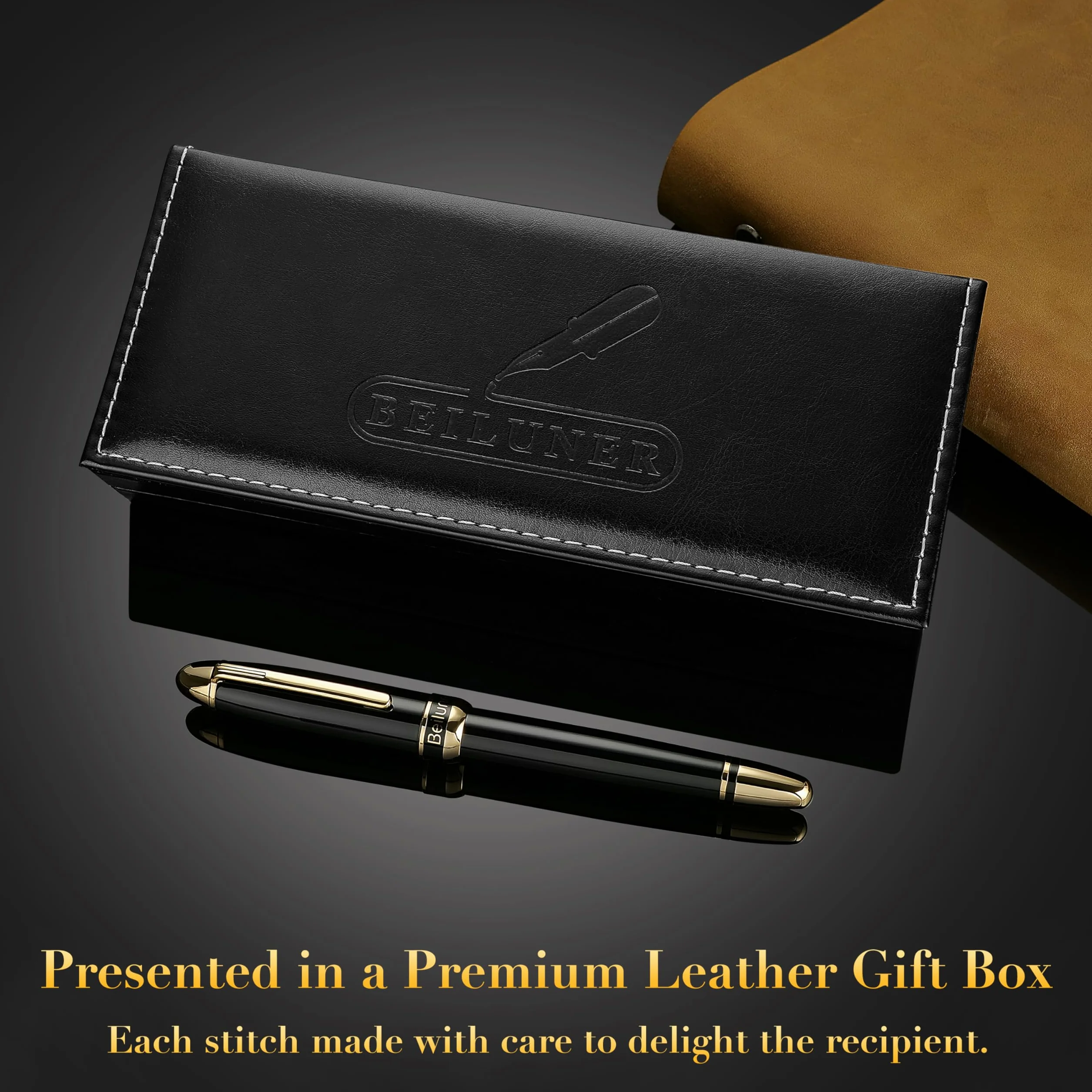 BEILUNER 315 Penna Rollerball di Lusso, Finitura Oro 24K Premium e Laccatura Piano Elegante, Set Regalo Dirigenziale per Professionisti e Laureati, Penna da Ufficio di Prestigio - Nero & Oro