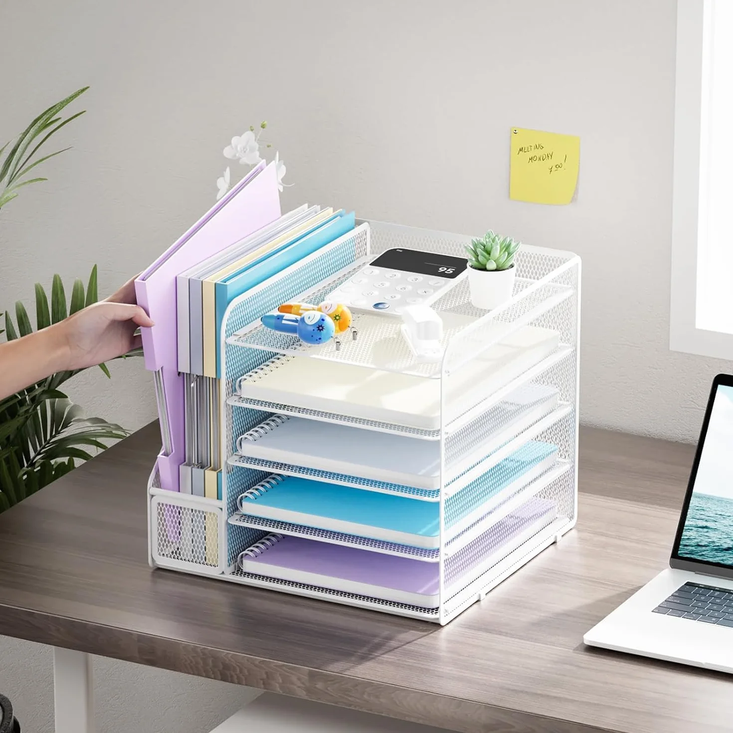 Marbrasse Organizer Scrivania Accessori,5-Livelli Organizer Ufficio,Porta Documenti Organizzatore in Rete per Scrivania,Ufficio Portaoggetti Scrivania Casa(Bianco)