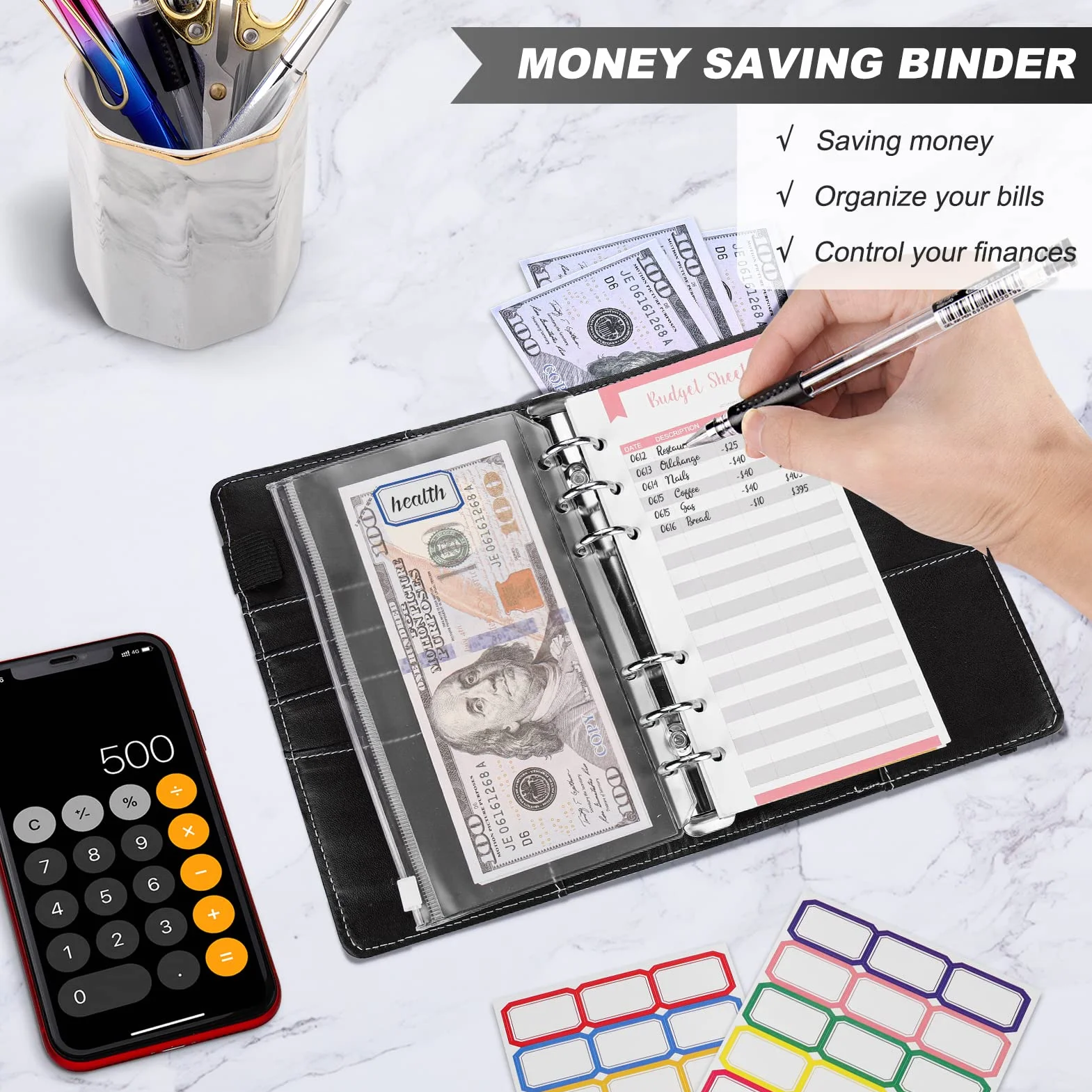 TAOPE Portadocumenti in Pelle PU A6 Binder Budget Set con 12 Sacchetti Trasparenti Cerniera, Nero Girasole