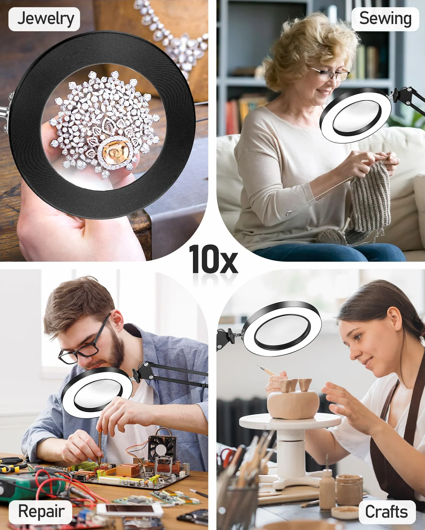 TANYO 10X Lampada con Lente di Ingrandimento, 72 LED, 3 Colori 10 Livelli Luminosità