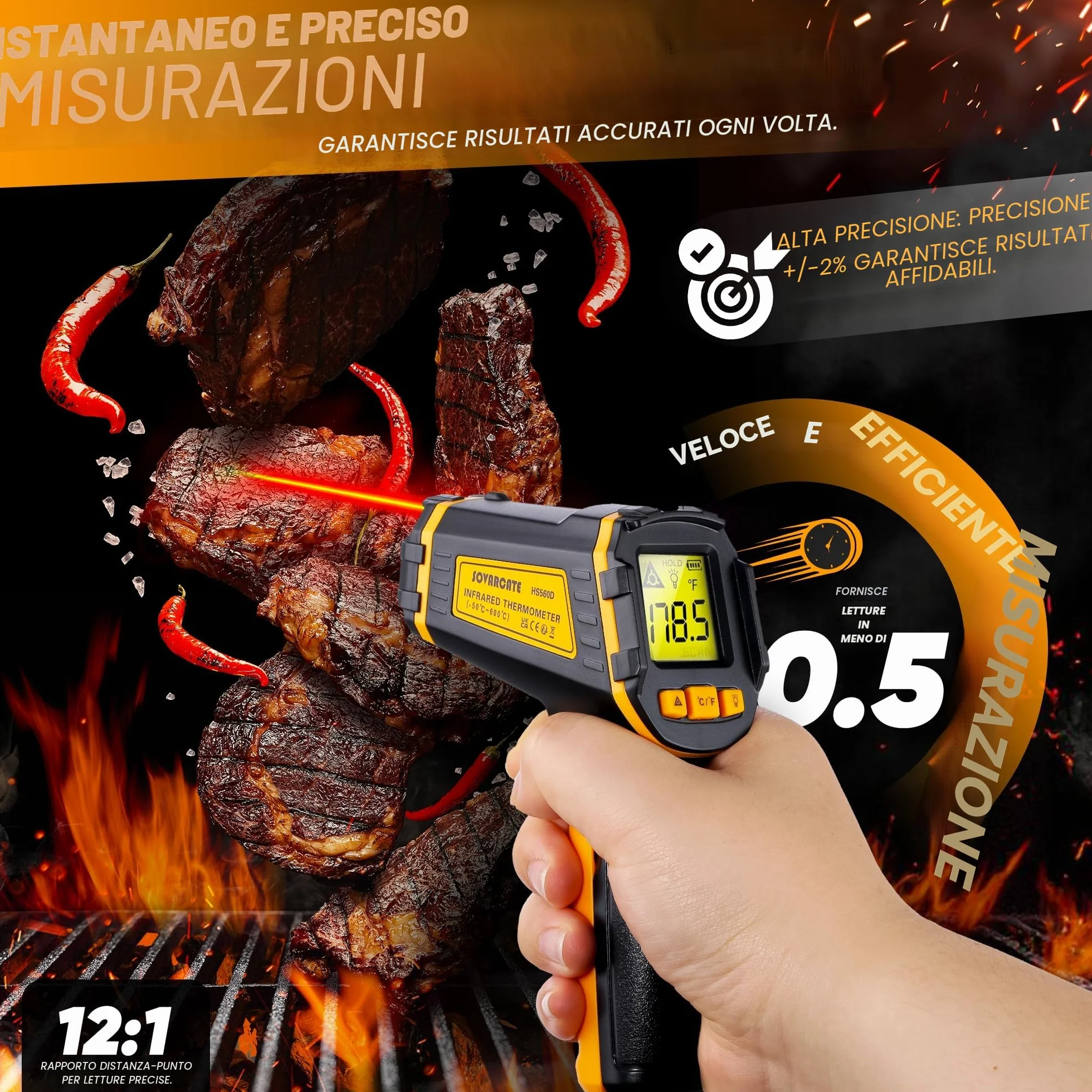 Termometro Infrarossi -50℃~600℃ Laser Digitale Senza Contatto per Cucina, Forno, Alimenti