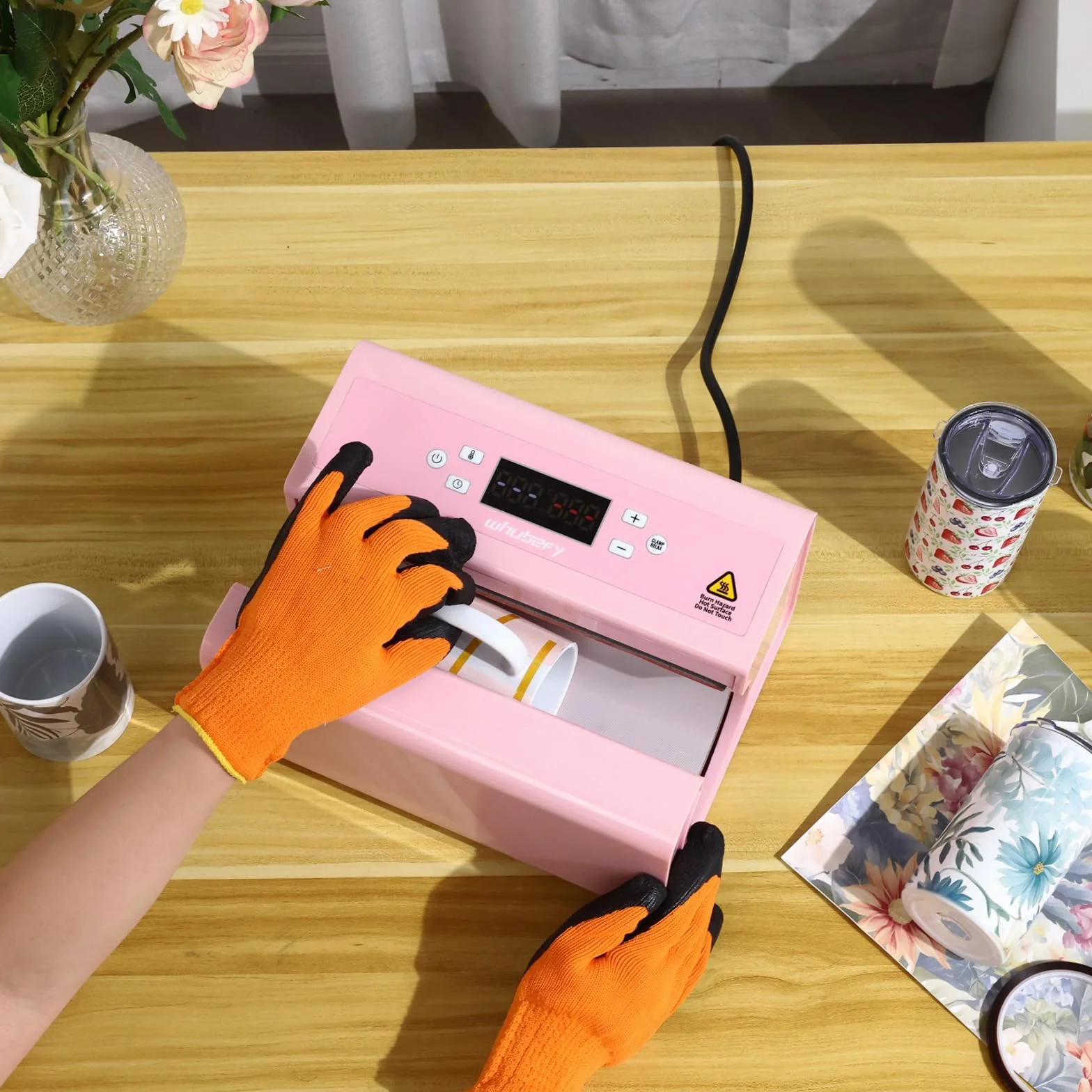 Pressa automatica per tazze, tazze, tazze, tazze da caffè, borracce e borse, controllo preciso dell'ora e della temperatura, regolazione della pressione premendo un pulsante (rosa)