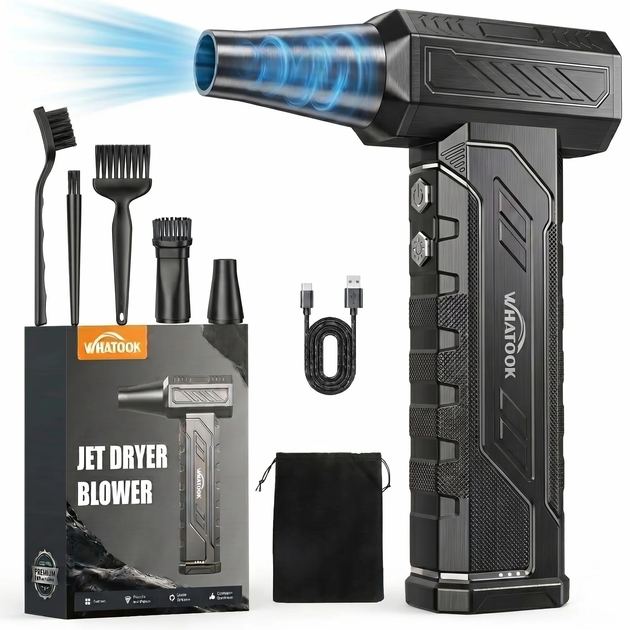 WHATOOK Soffiatore Polvere Aria Compressa Potente Elettrico, 4 Velocità 250000RPM Mini Turbo Jet Fan con Batteria da 8000 mAh e Luce LED, Soffiatore Air Duster Compressa Spray per PC, Tastiera, Auto