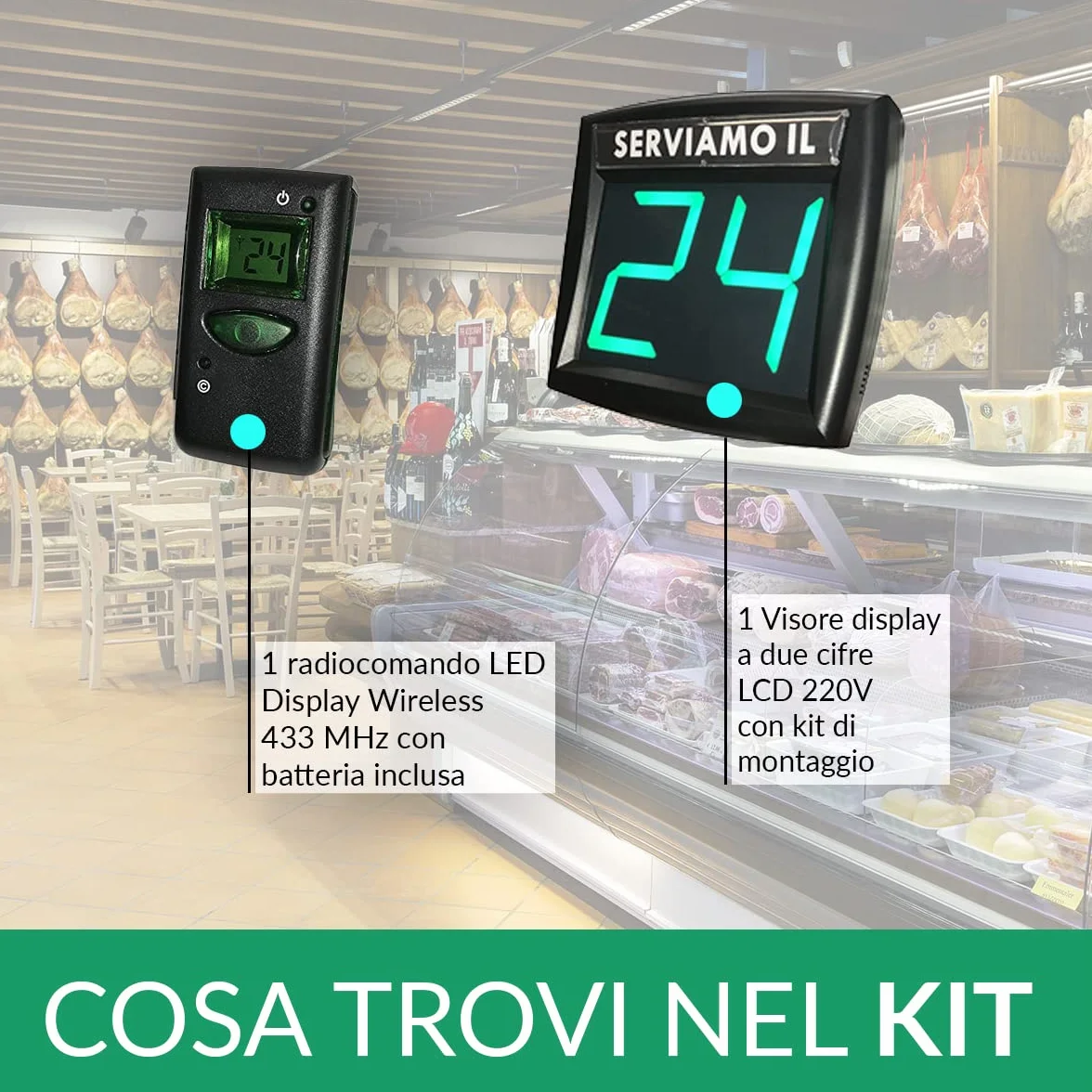 Eliminacode LED Verde due cifre + radiocomando con display., Made in Italy