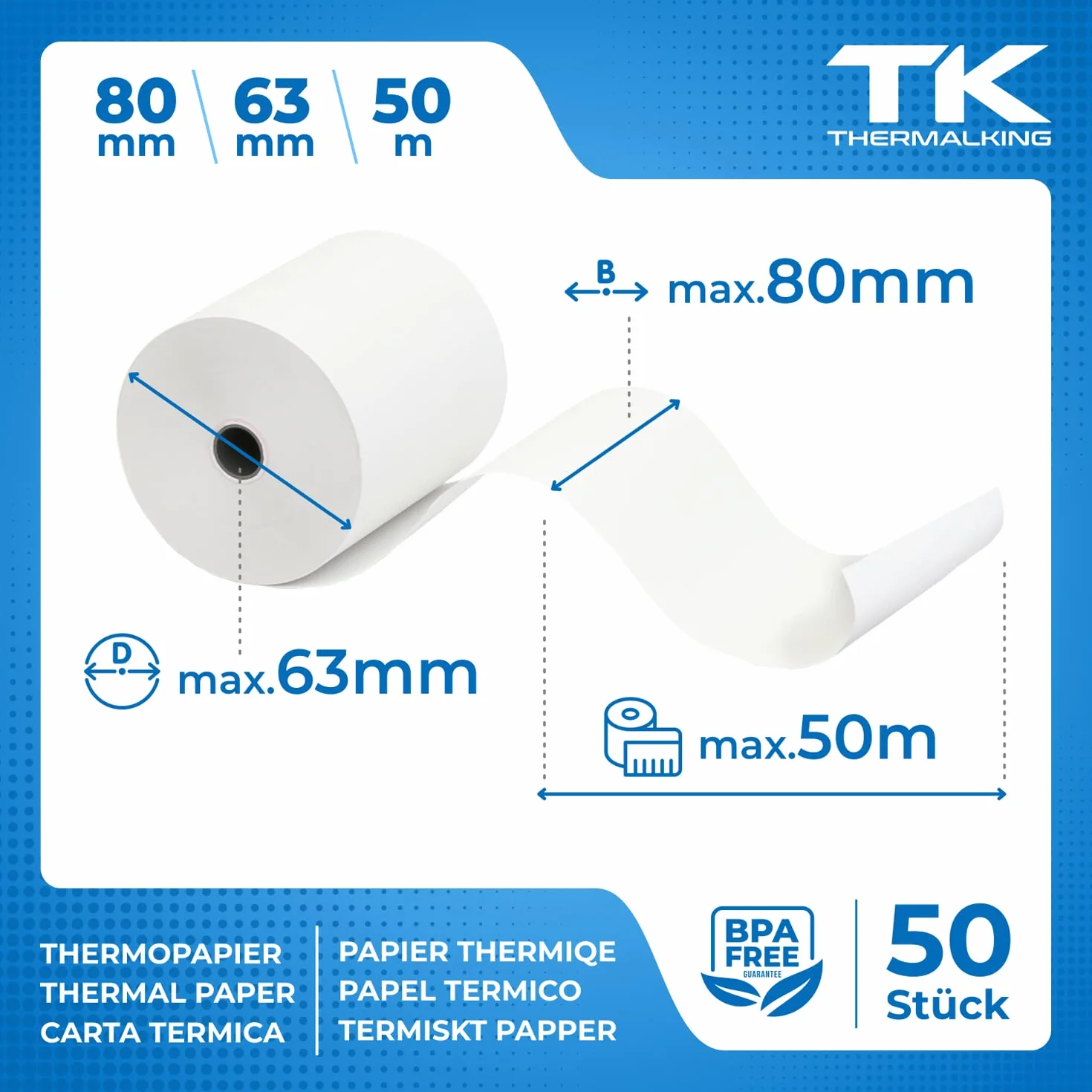 THERMALKING - Rotoli Cassa 80x63 Termica Fiscale [senza BPA] - Rotolo per stampante registratore di cassa fiscale 80mm x 50m x 12mm - Rotolini carta termica 80x63x12 - [50x]
