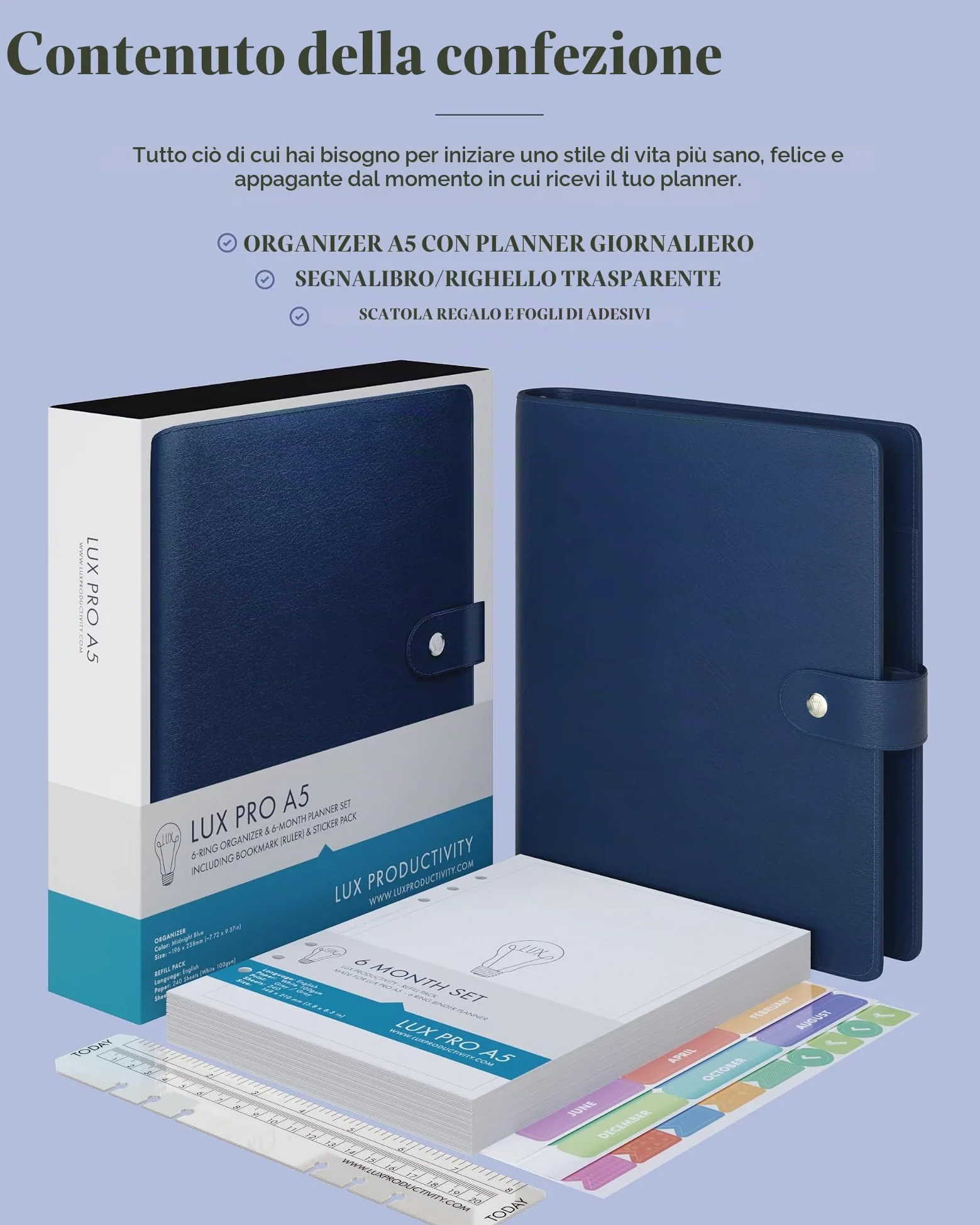 LUX PRO A5 – Agenda giornaliera e agenda – Diario di gratitudine, diario benessere e pianificatori settimanali non datati – Diari da scrivania per donne e uomini – LUX Productivity (blu – mezzanotte)
