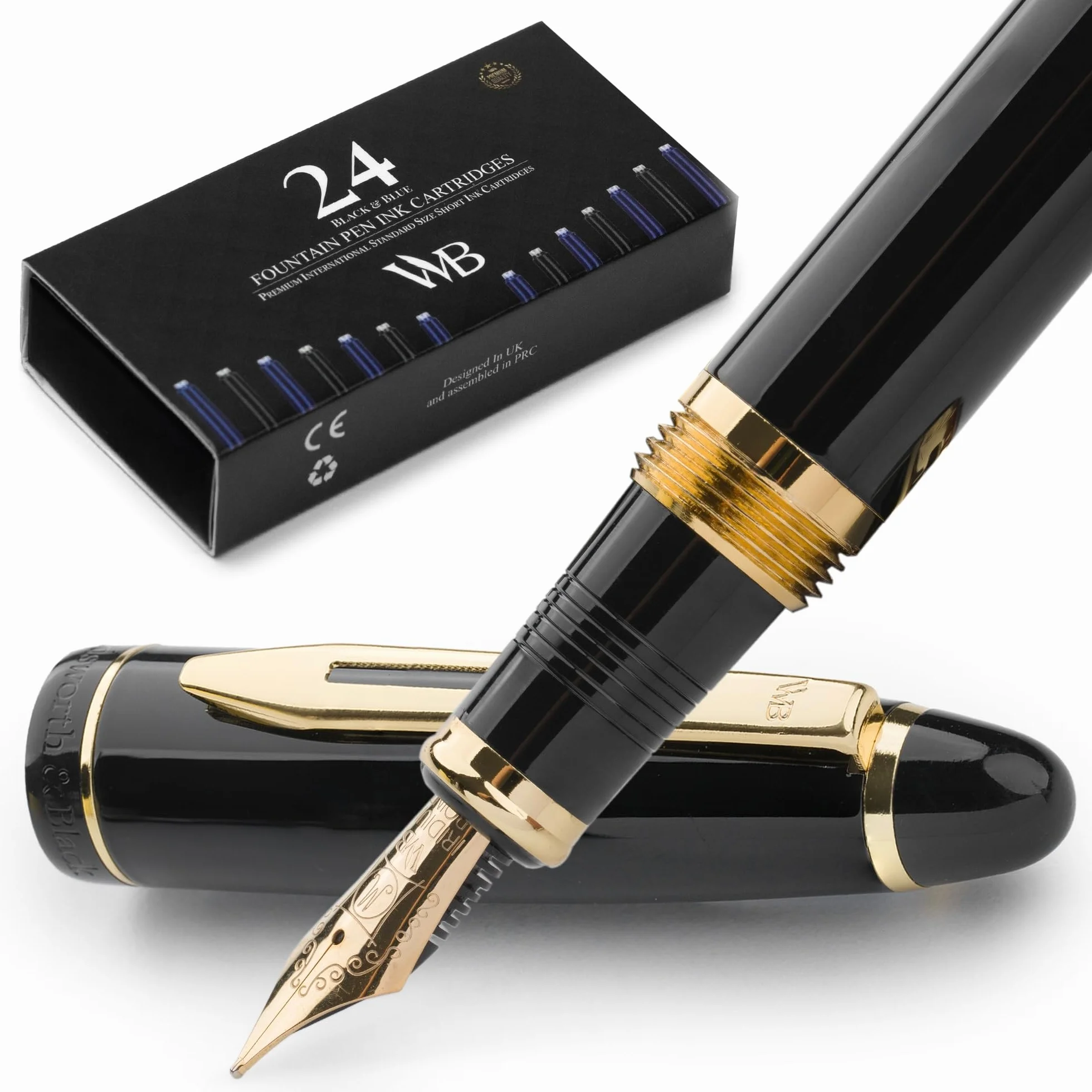 Wordsworth & Black Set di penne stilografiche Majesti [Oro Nero]; pennino medio, scatola regalo, 24 cartucce di inchiostro, convertitore di ricarica, manuale; agenda, set calligrafia