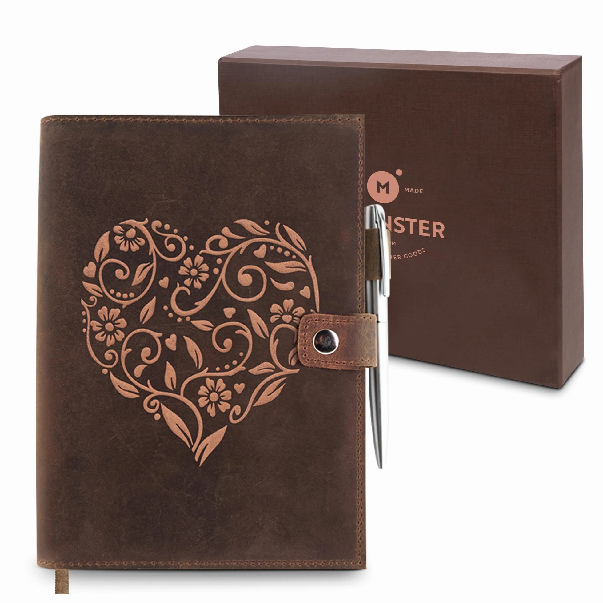 Porta Agenda in Pelle Ricaricabile con Quaderno a Righe - Diario Personale con Cuore in Rilievo - Diario in Pelle Vera Lavorata a Mano con Portapenna - Con Carta a Righe A5 ed Elegante Penna Inclusa