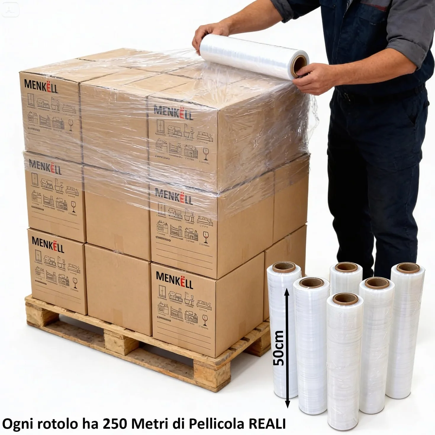 Pellicola trasparente per imballaggio 23 micron 50cm 250m 6 rotoli Made in UE