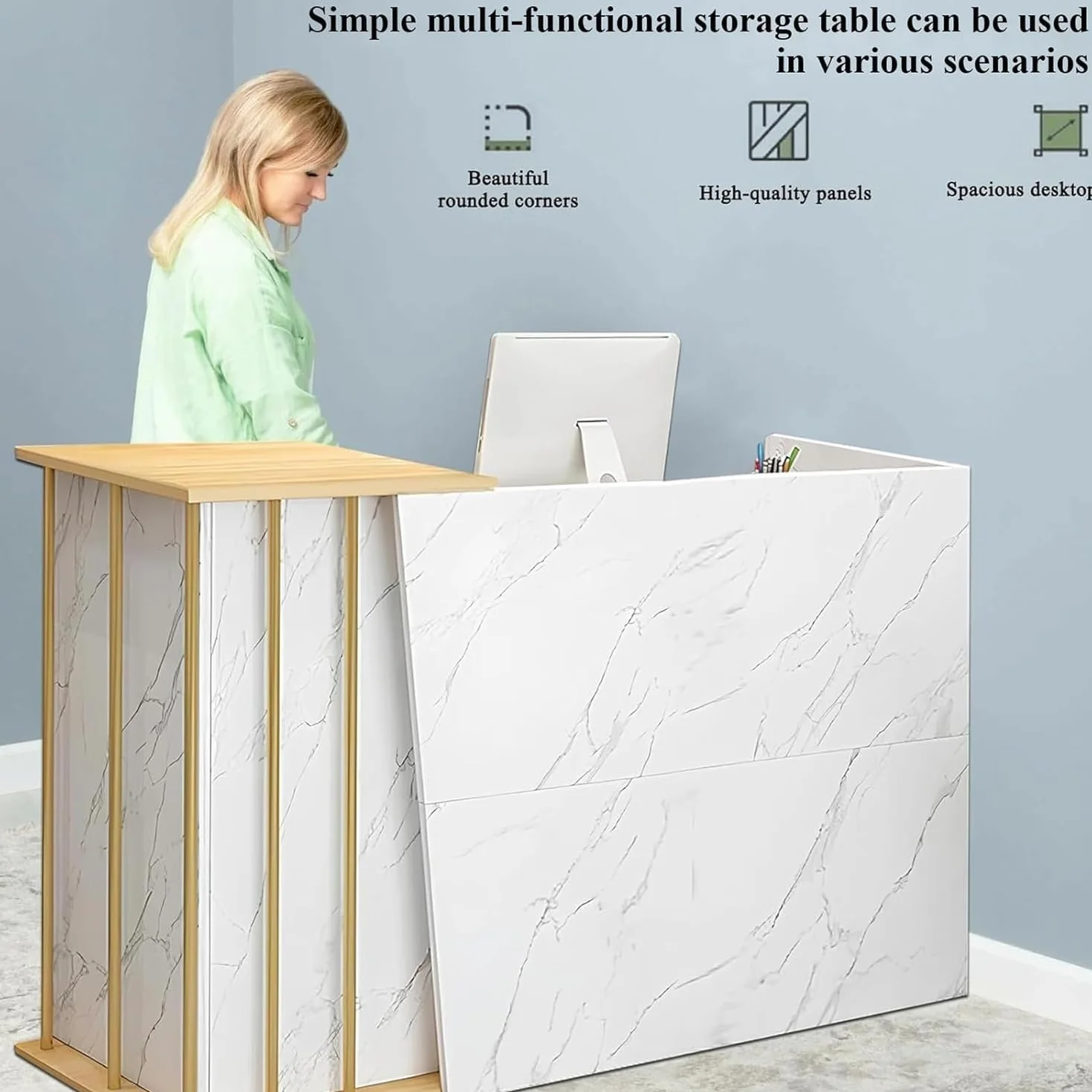 Bancone Reception Negozio, Bancone Reception Centro Estetico con Cassetti, Hotel,Bancone Reception Moderno per Supermercato Hotel Lobby Reception(Marble color,140x40x90cm)