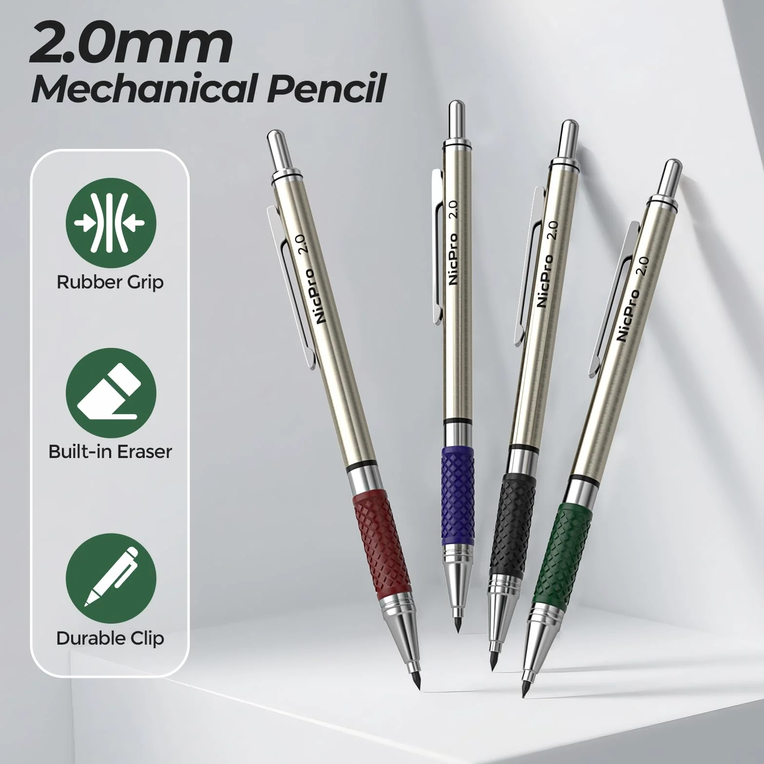 Nicpro Set di 4 Matite Meccaniche 2.0 mm con Custodia e 108 Ricariche per Artista
